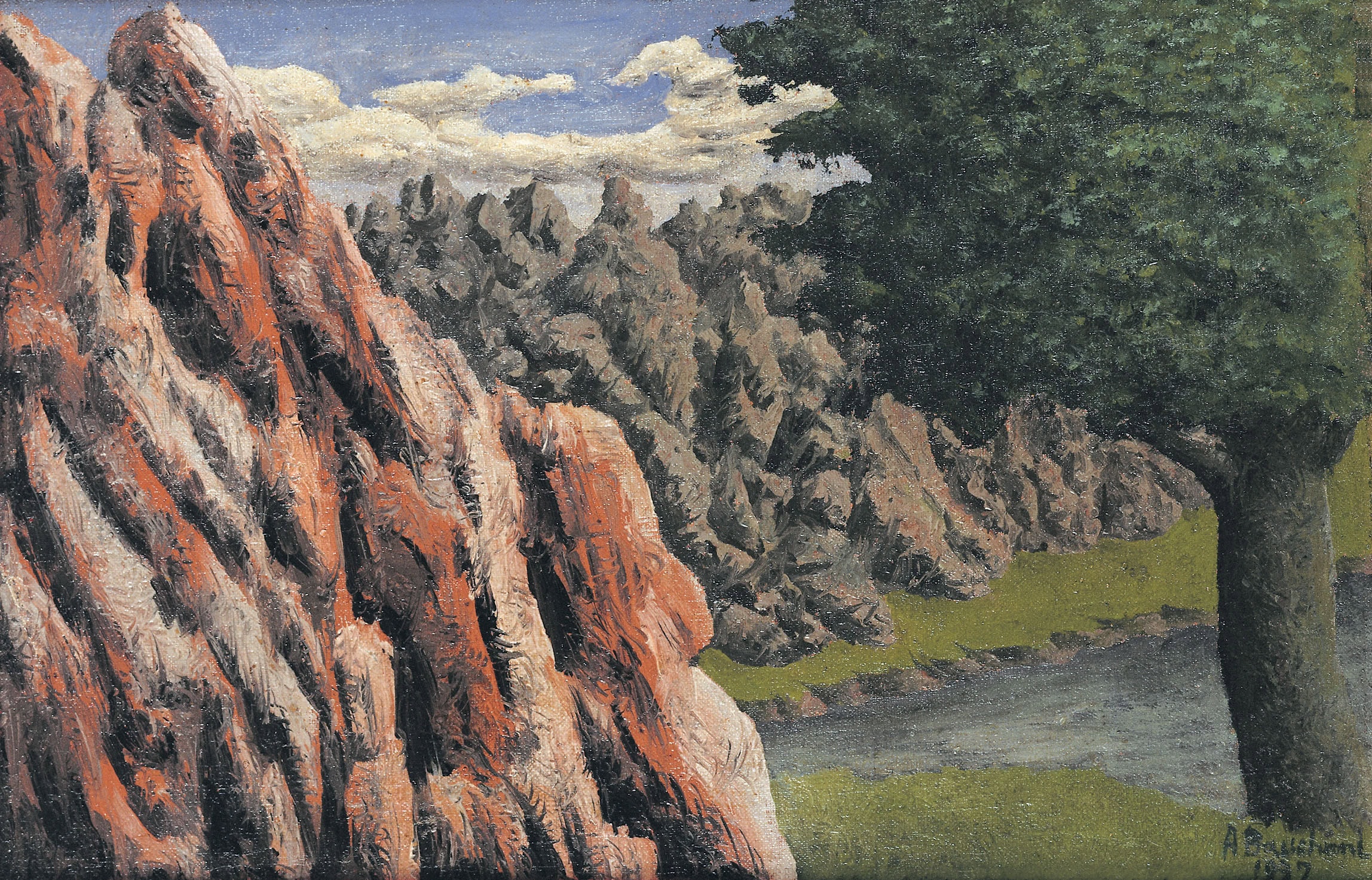 André Bauchant * 1873 in Château-Renault (FRA) † 1958 in Montoire-sur-le-Loir (FRA) Paysage, 1937 oil on canvas 23.5 x 34 cm (Sammlung Zander | Naive Art)