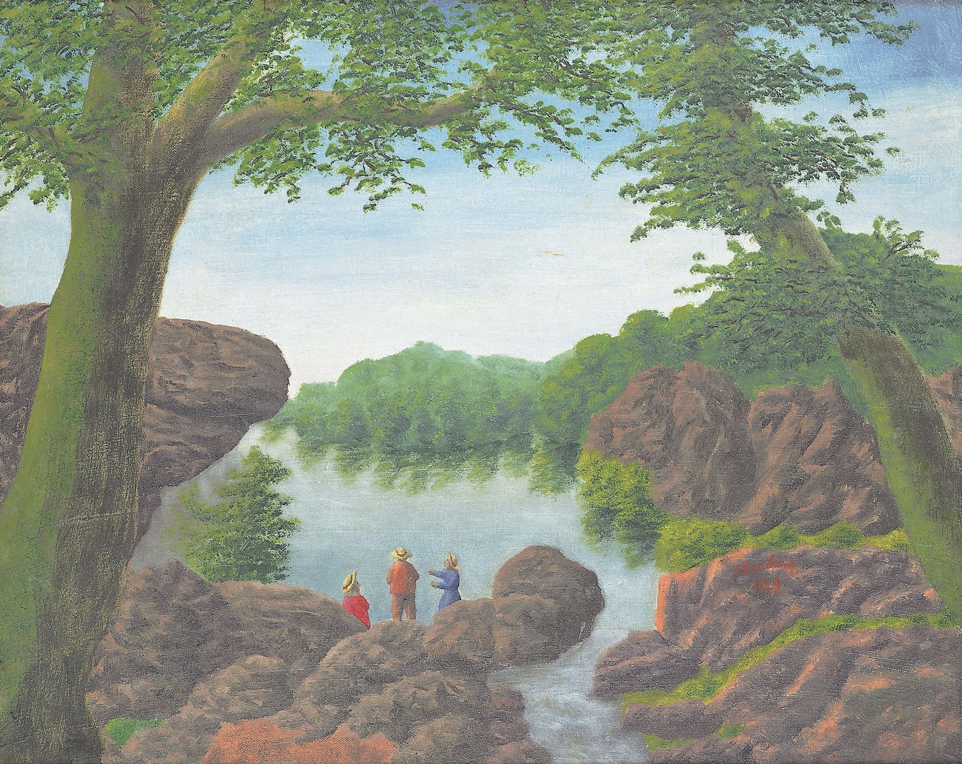 André Bauchant * 1873 in Château-Renault (FRA) † 1958 in Montoire-sur-le-Loir (FRA) Le cours d’eau à travers les arbres, 1949 oil on canvas 48 x 60 cm (Sammlung Zander | Naive Art)