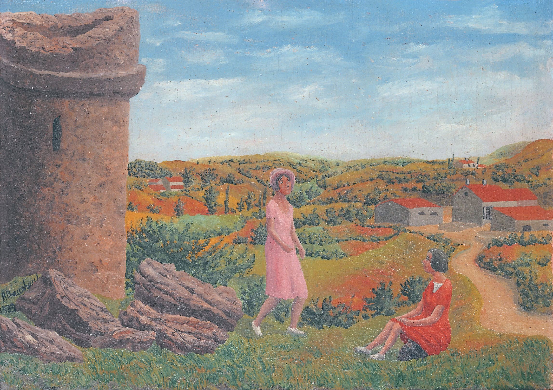 André Bauchant * 1873 in Château-Renault (FRA) † 1958 in Montoire-sur-le-Loir (FRA) Paysage avec tour et deux jeunes filles, 1933 Öl auf Leinwand 33 x 46 cm (Sammlung Zander | Naive Kunst)