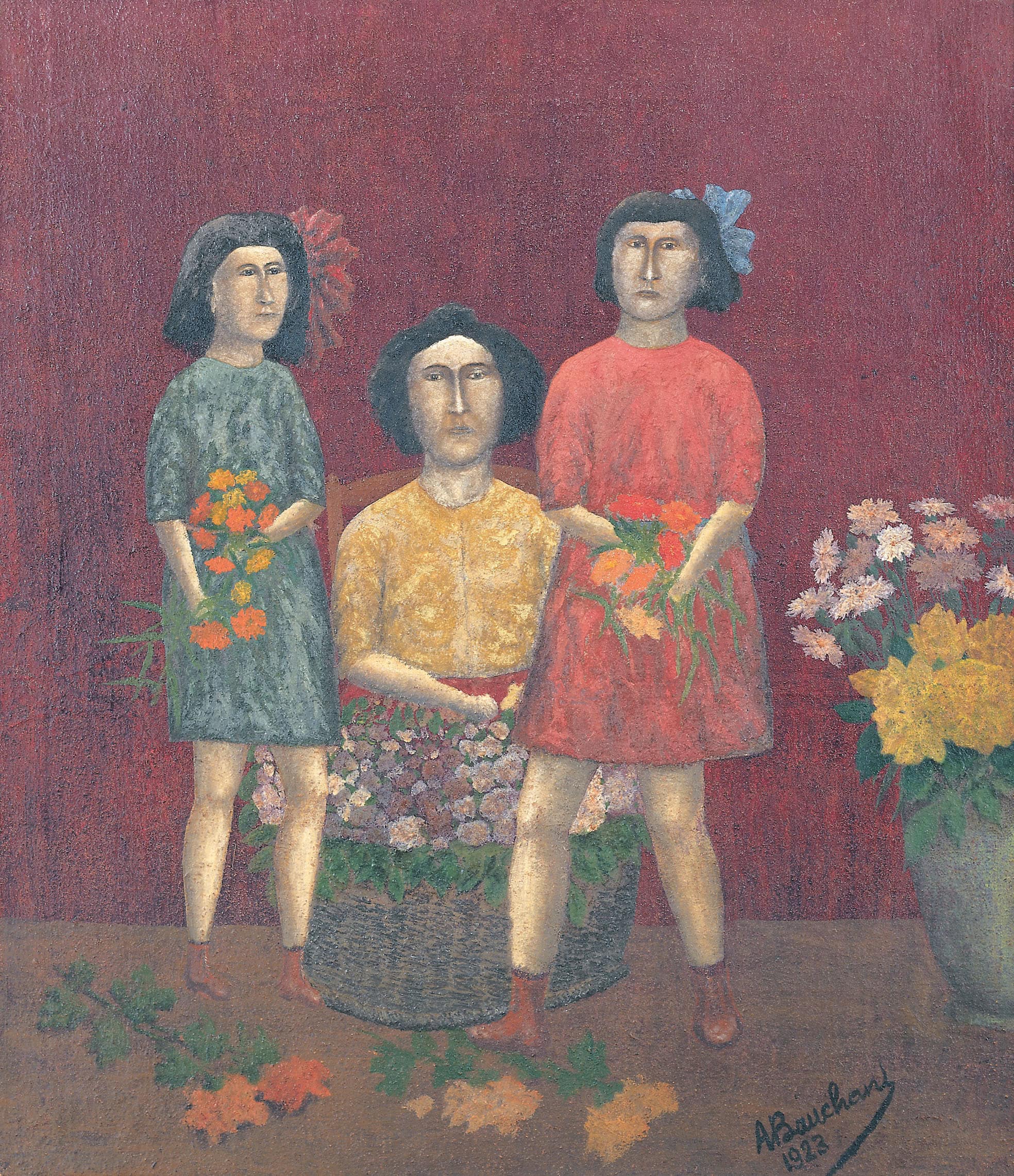 André Bauchant * 1873 in Château-Renault (FRA) † 1958 in Montoire-sur-le-Loir (FRA) Mère et deux enfants, 1923 Öl auf Leinwand 69 x 60 cm (Sammlung Zander | Naive Kunst)