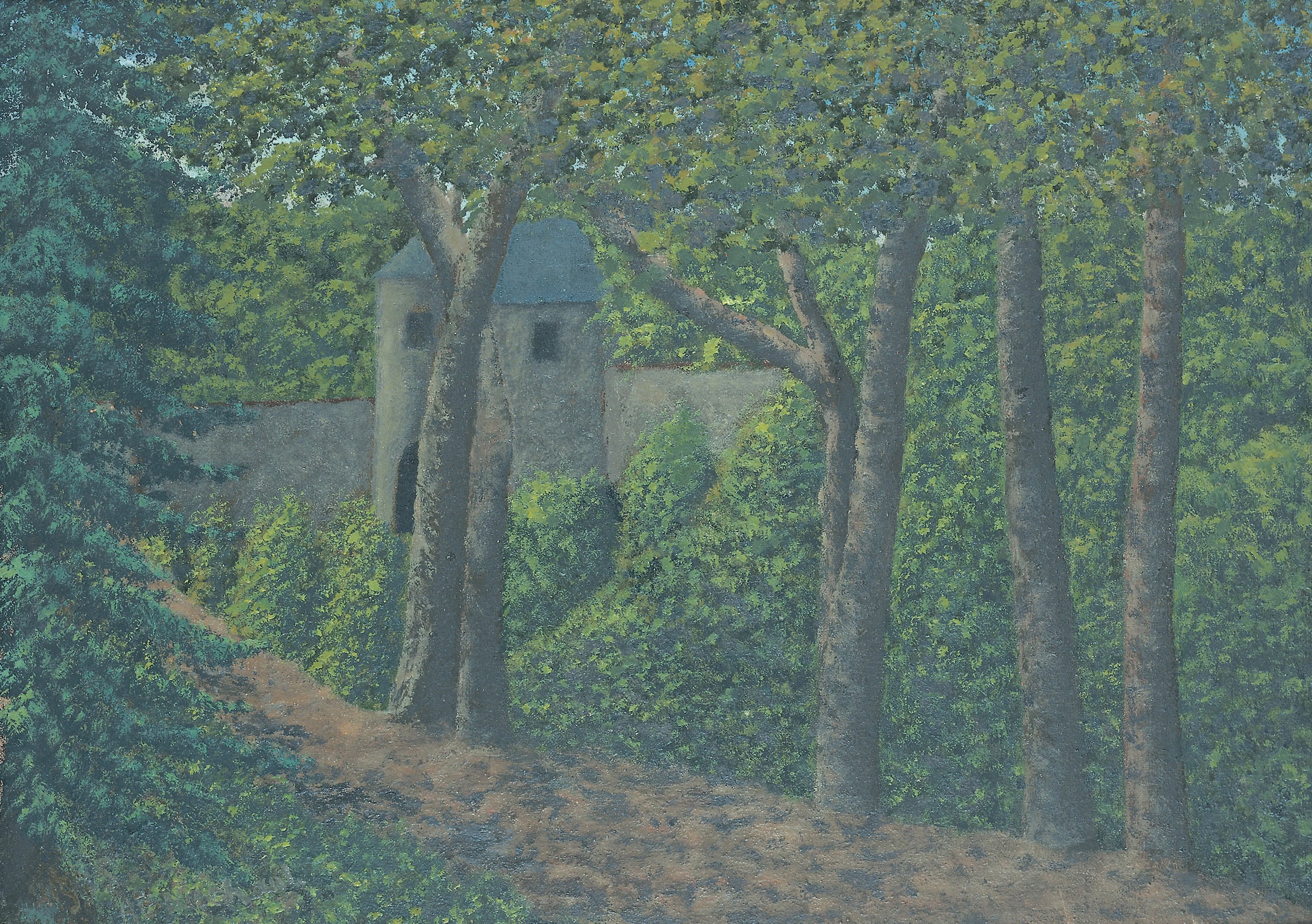 André Bauchant * 1873 in Château-Renault (FRA) † 1958 in Montoire-sur-le-Loir (FRA) La maison dans la forêt, 1935 Öl auf Hartfaserplatte 33 x 46 cm (Sammlung Zander | Naive Kunst)