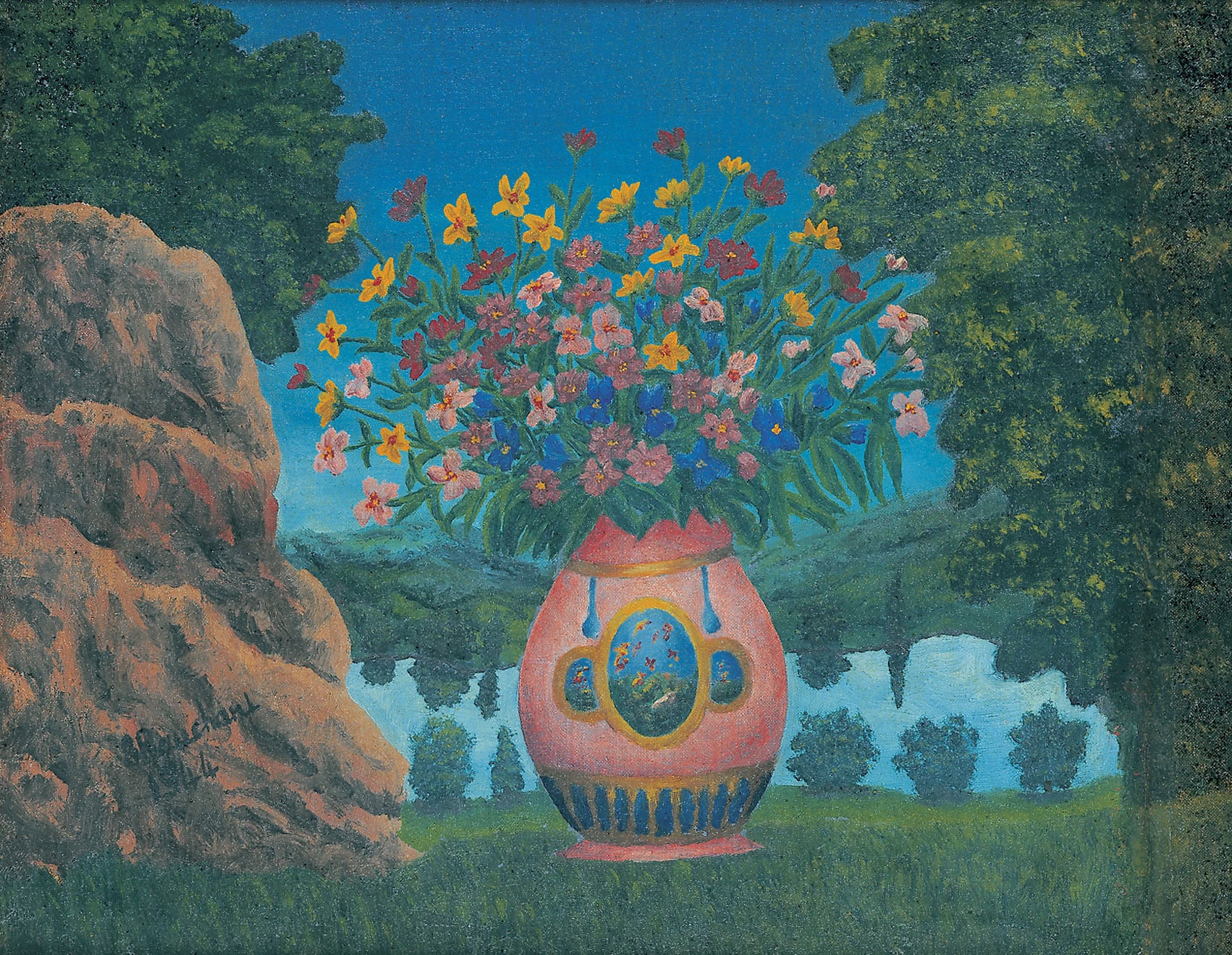 André Bauchant * 1873 in Château-Renault (FRA) † 1958 in Montoire-sur-le-Loir (FRA) Fleurs au bord d’un lac près de Brech, 1944 oil on canvas 33 x 41 cm (Sammlung Zander | Naive Art)