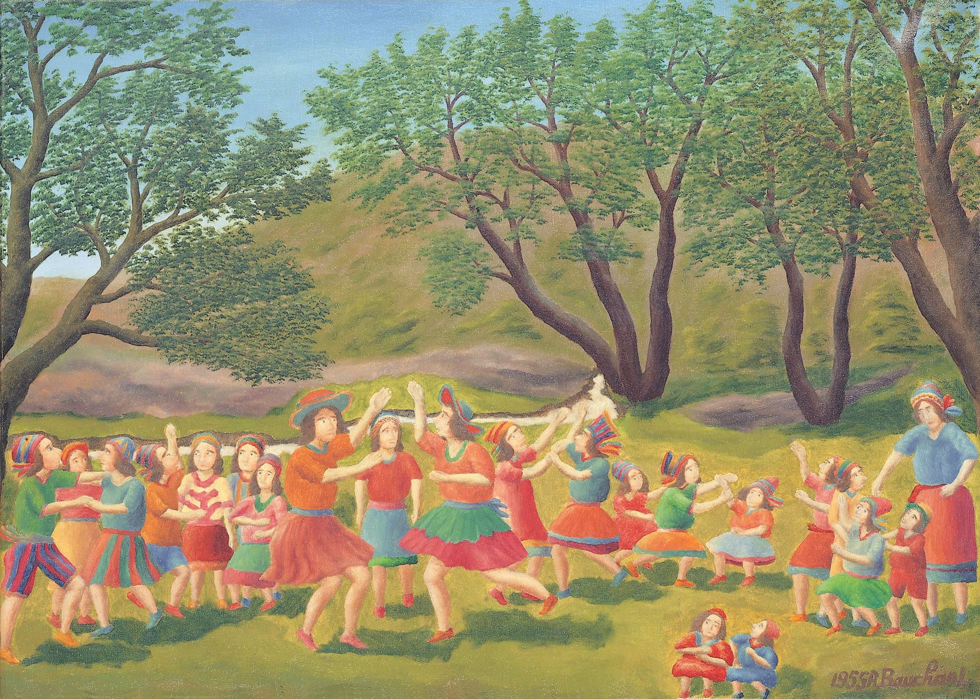 André Bauchant * 1873 in Château-Renault (FRA) † 1958 in Montoire-sur-le-Loir (FRA) Groupe d’enfants jouent, 1955 oil on canvas 56 x 78 cm (Sammlung Zander | Naive Art)