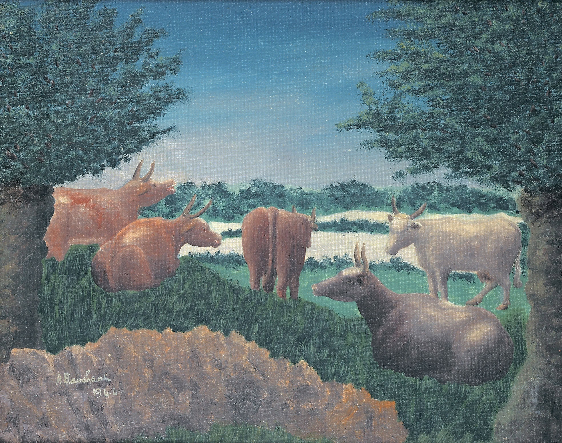 André Bauchant * 1873 in Château-Renault (FRA) † 1958 in Montoire-sur-le-Loir (FRA) Vaches, 1944 Öl auf Leinwand 33 x 42 cm (Sammlung Zander | Naive Kunst)