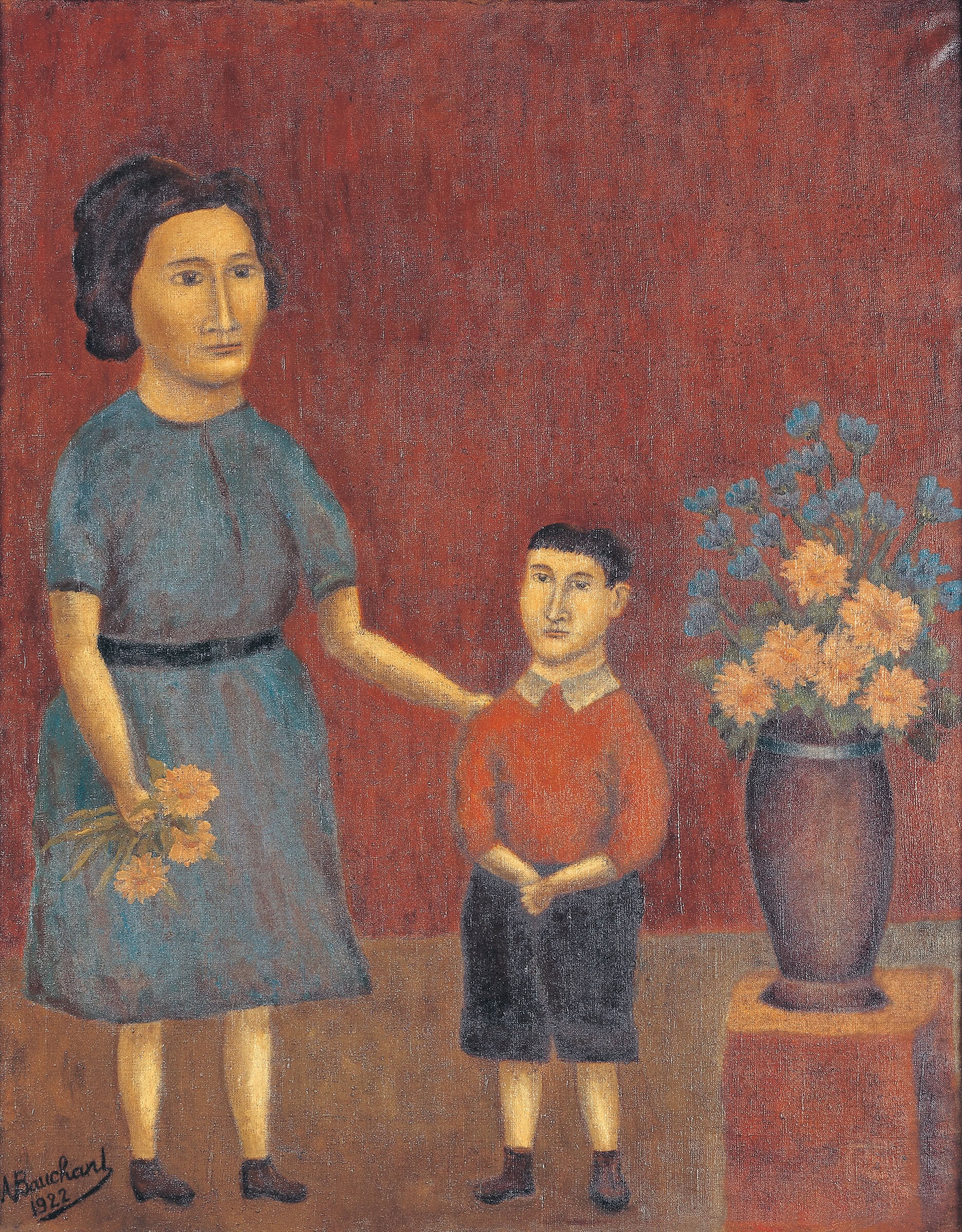 André Bauchant * 1873 in Château-Renault (FRA) † 1958 in Montoire-sur-le-Loir (FRA) Mère et enfant au bouquet de fleurs, 1922 oil on canvas 72.3 x 58.5 cm (Sammlung Zander | Naive Art)