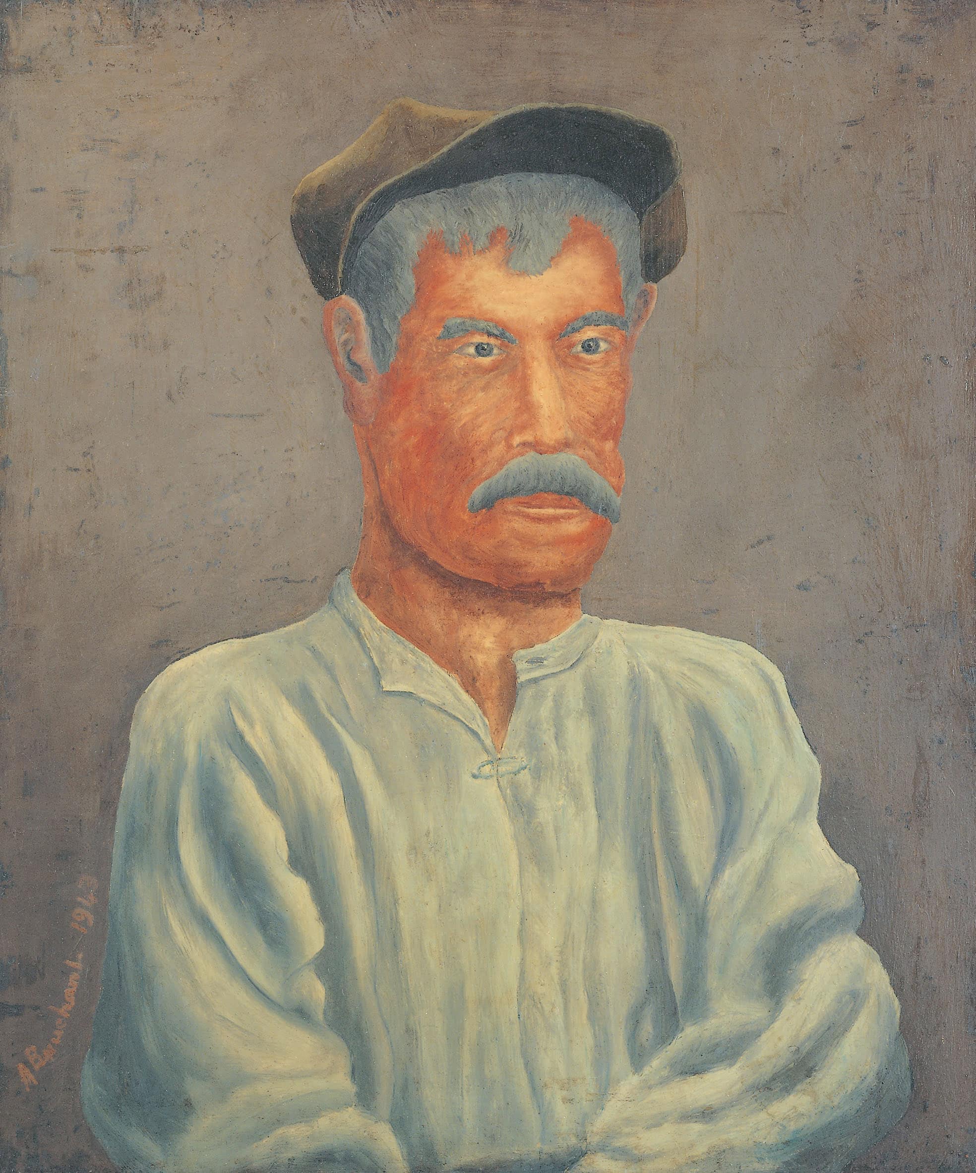 André Bauchant * 1873 in Château-Renault (FRA) † 1958 in Montoire-sur-le-Loir (FRA) Portrait d’un paysan, 1943 Öl auf Holz 54,3 x 45 cm (Sammlung Zander | Naive Kunst)