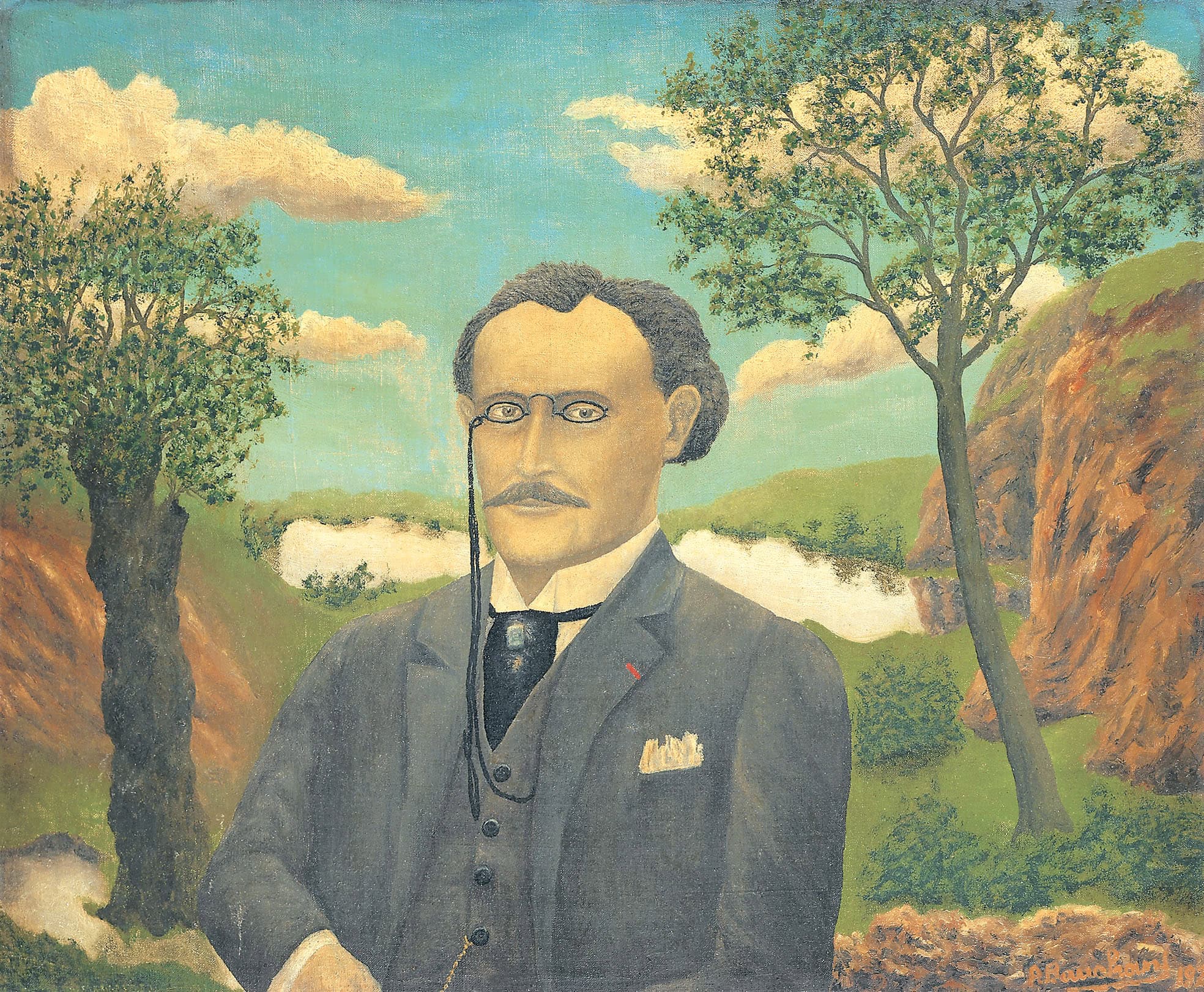 André Bauchant * 1873 in Château-Renault (FRA) † 1958 in Montoire-sur-le-Loir (FRA) Conservateur du Musée de Tours, Orace Hennion, dans un paysage, undated Öl auf Leinwand 50 x 61 cm (Sammlung Zander | Naive Kunst)