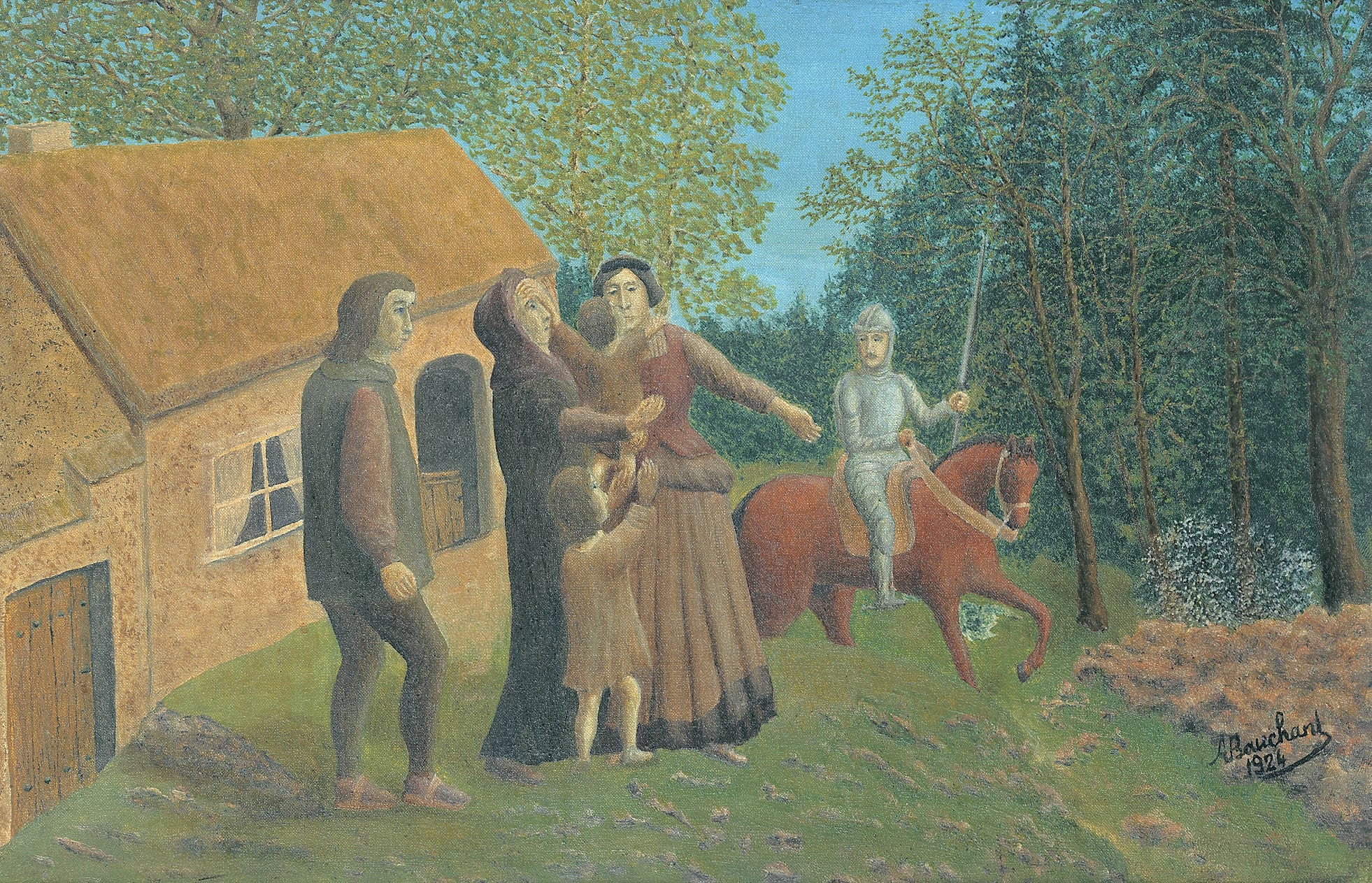 André Bauchant * 1873 in Château-Renault (FRA) † 1958 in Montoire-sur-le-Loir (FRA) Adieux de Jeanne d’Arc à sa famille, 1924 oil on canvas 32.4 x 49.3 cm (Sammlung Zander | Naive Art)