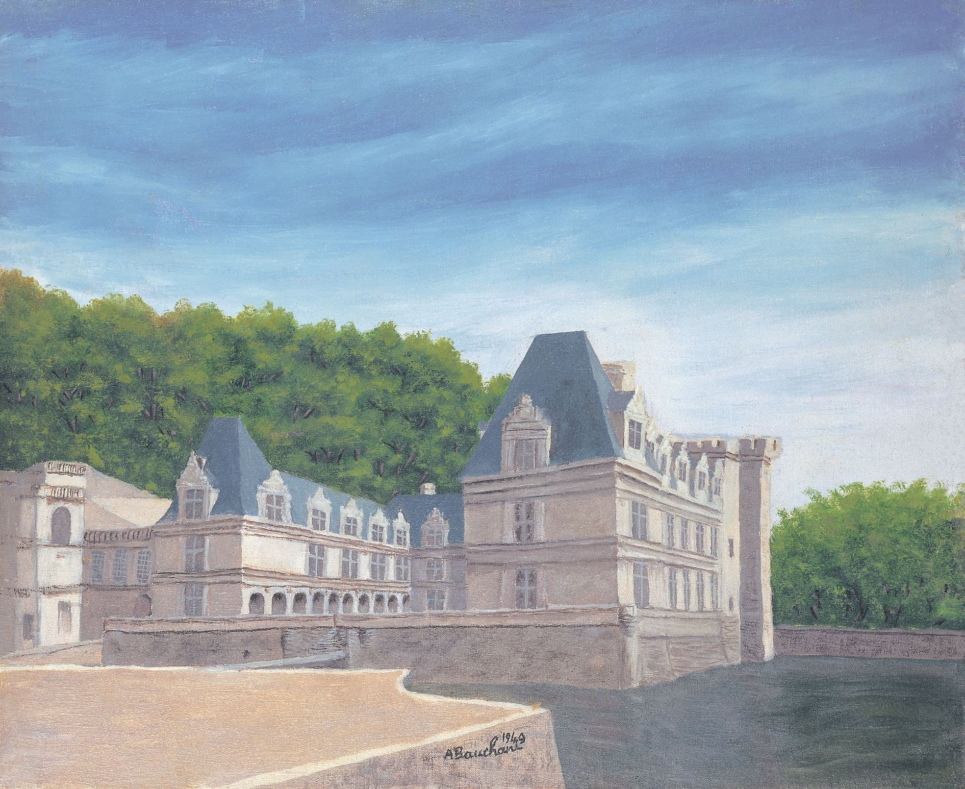 André Bauchant * 1873 in Château-Renault (FRA) † 1958 in Montoire-sur-le-Loir (FRA) Le Château de Villandry / Loire près de Tours, 1949 oil on canvas 52 x 62 cm (Sammlung Zander | Naive Art)