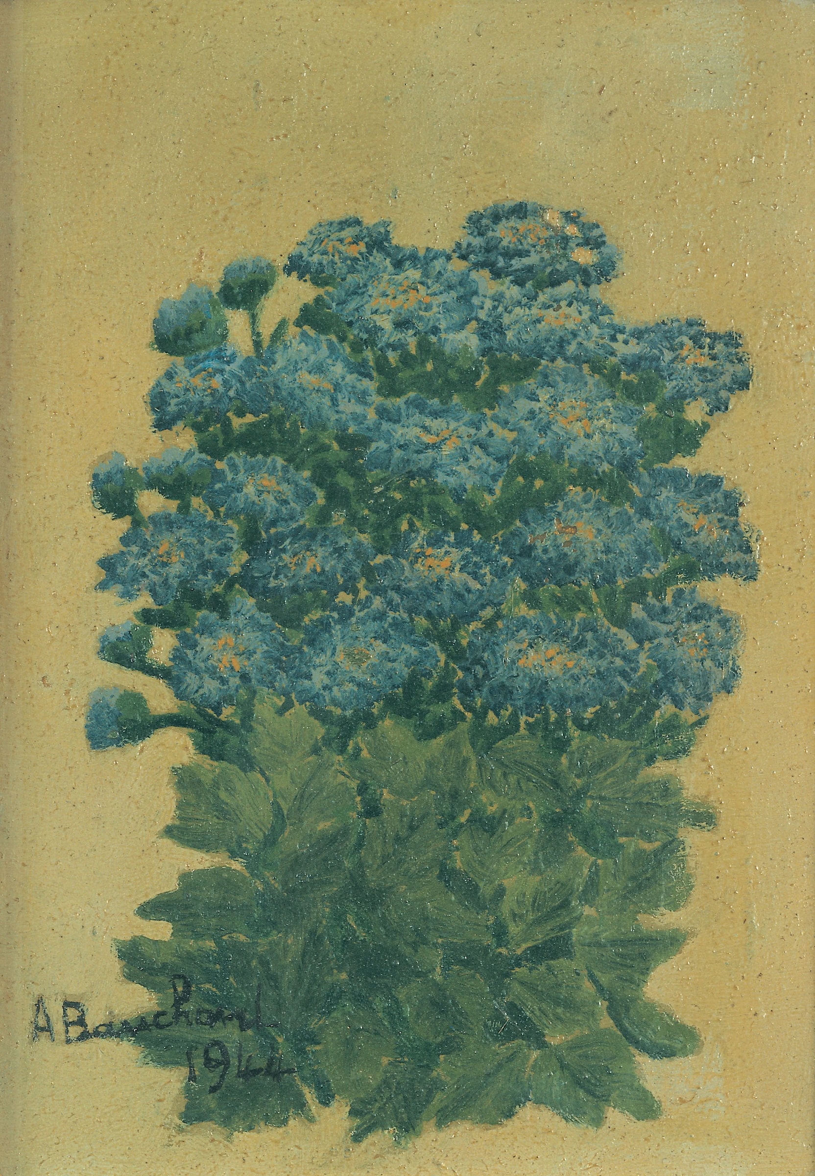 André Bauchant * 1873 in Château-Renault (FRA) † 1958 in Montoire-sur-le-Loir (FRA) Les Fleurs bleues, 1944 Öl auf Holz 19,3 x 13,5 cm (Sammlung Zander | Naive Kunst)