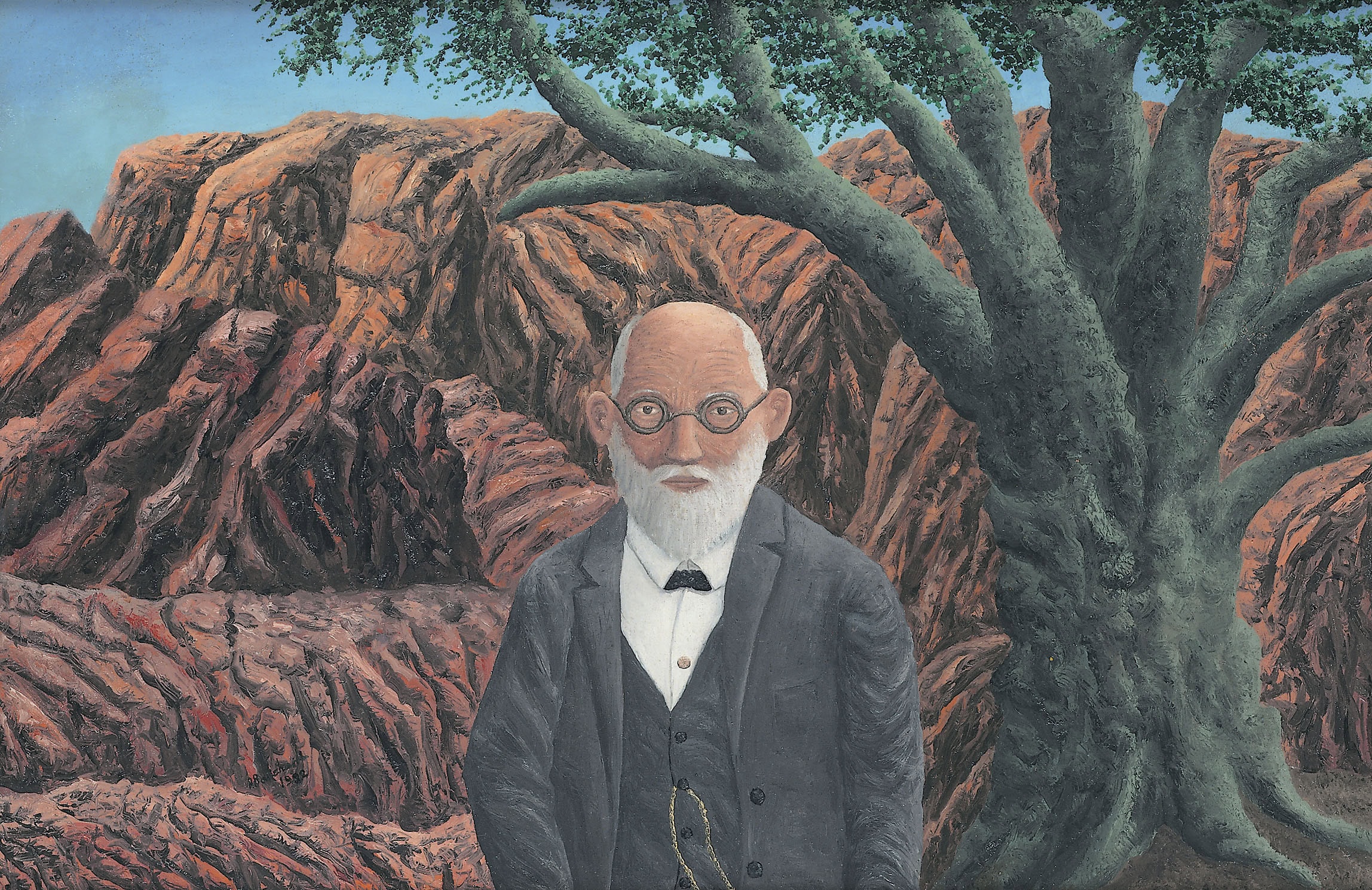 André Bauchant * 1873 in Château-Renault (FRA) † 1958 in Montoire-sur-le-Loir (FRA) Portrait d’un vieil homme avec lunettes et chaîne de montre (Self portrait), 1932 oil on canvas 53.5 x 80 cm (Sammlung Zander | Naive Art)