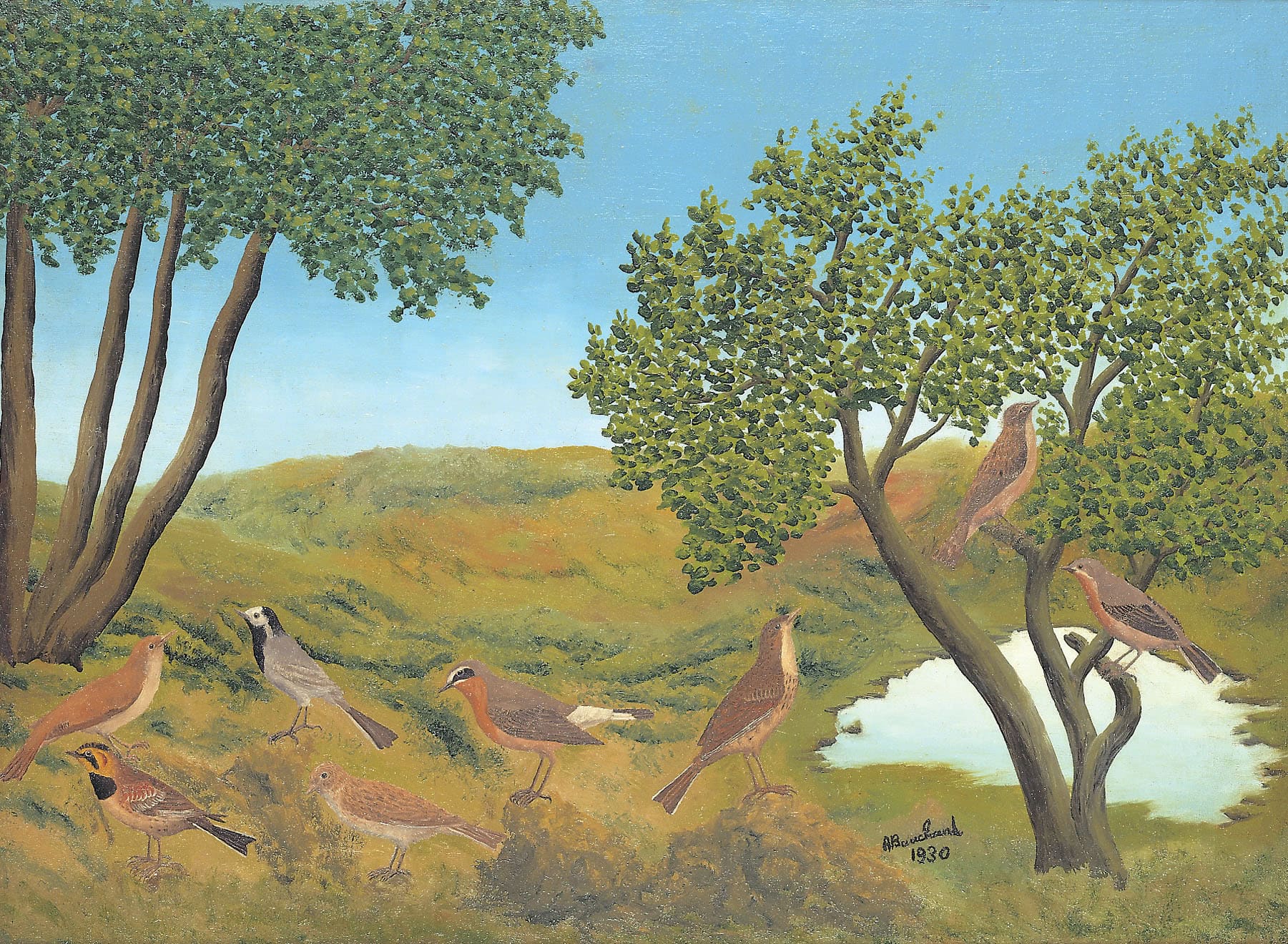 André Bauchant * 1873 in Château-Renault (FRA) † 1958 in Montoire-sur-le-Loir (FRA) Oiseaux dans un paysage, 1930 oil on canvas 59.7 x 81 cm (Sammlung Zander | Naive Art)