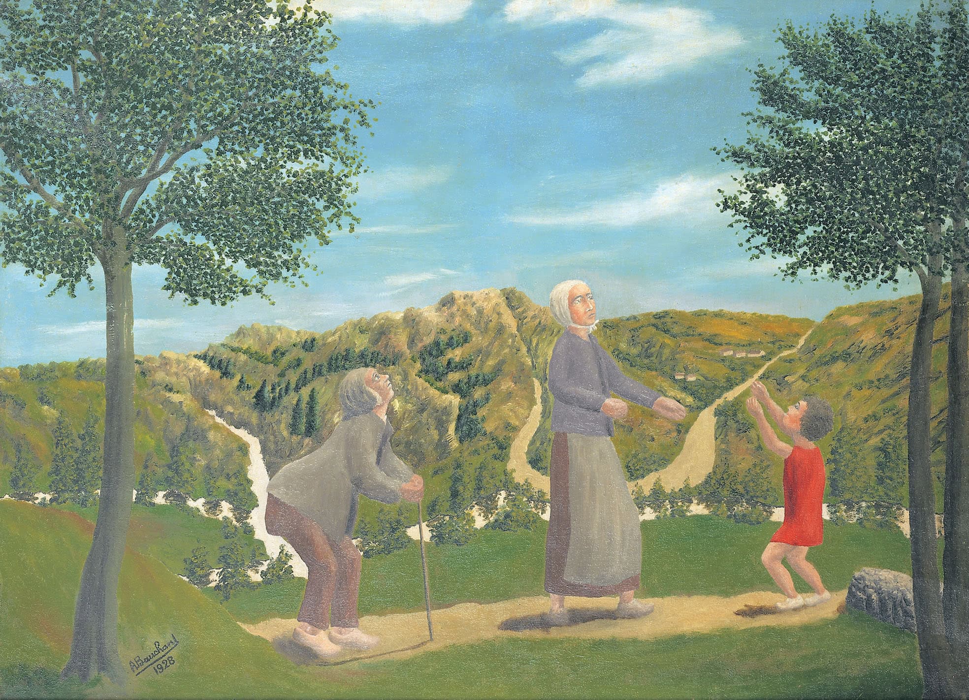 André Bauchant * 1873 in Château-Renault (FRA) † 1958 in Montoire-sur-le-Loir (FRA) Bonjour grand-père, 1928 oil on canvas 73 x 100 cm (Sammlung Zander | Naive Art)