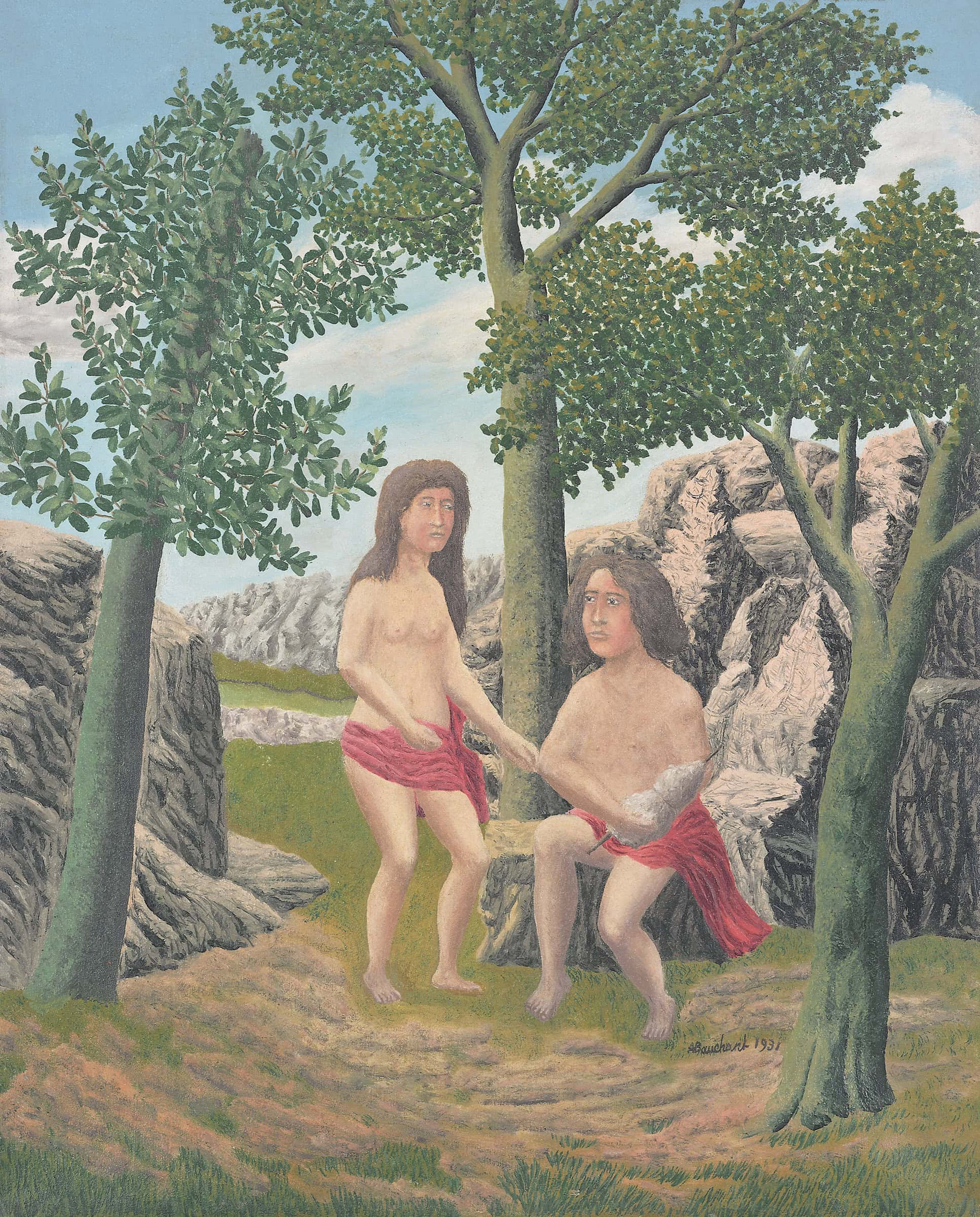 André Bauchant * 1873 in Château-Renault (FRA) † 1958 in Montoire-sur-le-Loir (FRA) Adam et Eve à la quenouille, 1931 Öl auf Leinwand 81 x 65 cm (Sammlung Zander | Naive Kunst)