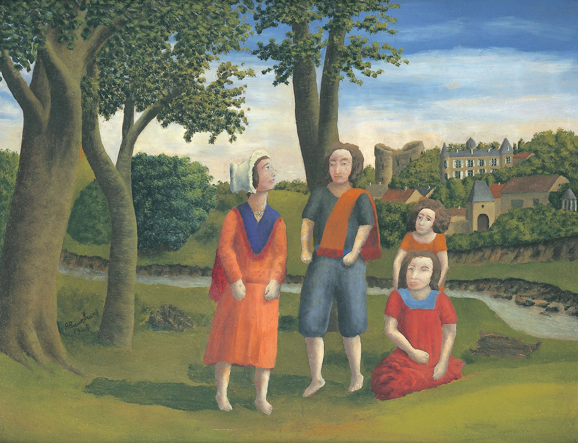 André Bauchant * 1873 in Château-Renault (FRA) † 1958 in Montoire-sur-le-Loir (FRA) Les habitants de ma Touraine native, 1946 oil on wood 41 x 53 cm (Sammlung Zander | Naive Art)