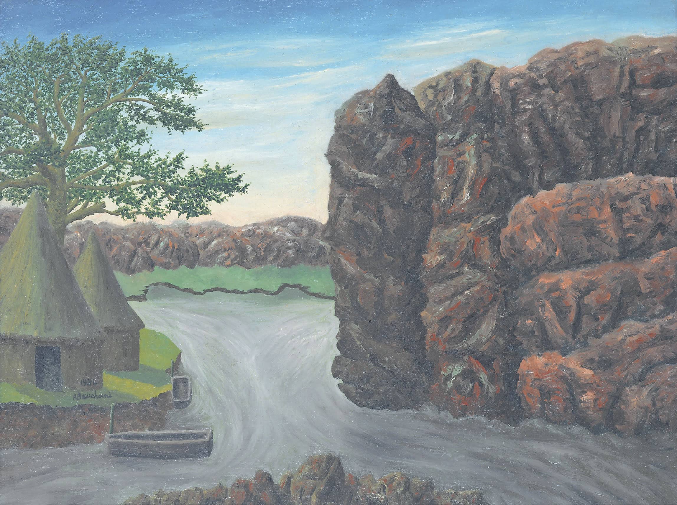 André Bauchant * 1873 in Château-Renault (FRA) † 1958 in Montoire-sur-le-Loir (FRA) Paysage africain, 1934 Öl auf Leinwand 49 x 63,5 cm (Sammlung Zander | Naive Kunst)