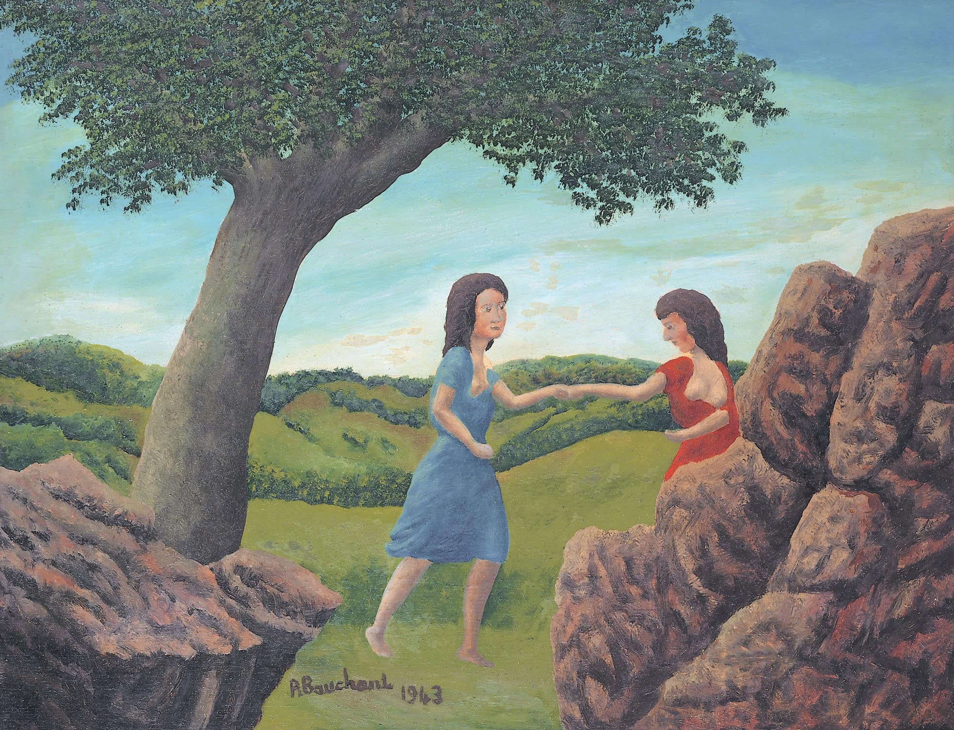 André Bauchant * 1873 in Château-Renault (FRA) † 1958 in Montoire-sur-le-Loir (FRA) Les deux amies, 1943 oil on wood 50 x 65 cm (Sammlung Zander | Naive Art)