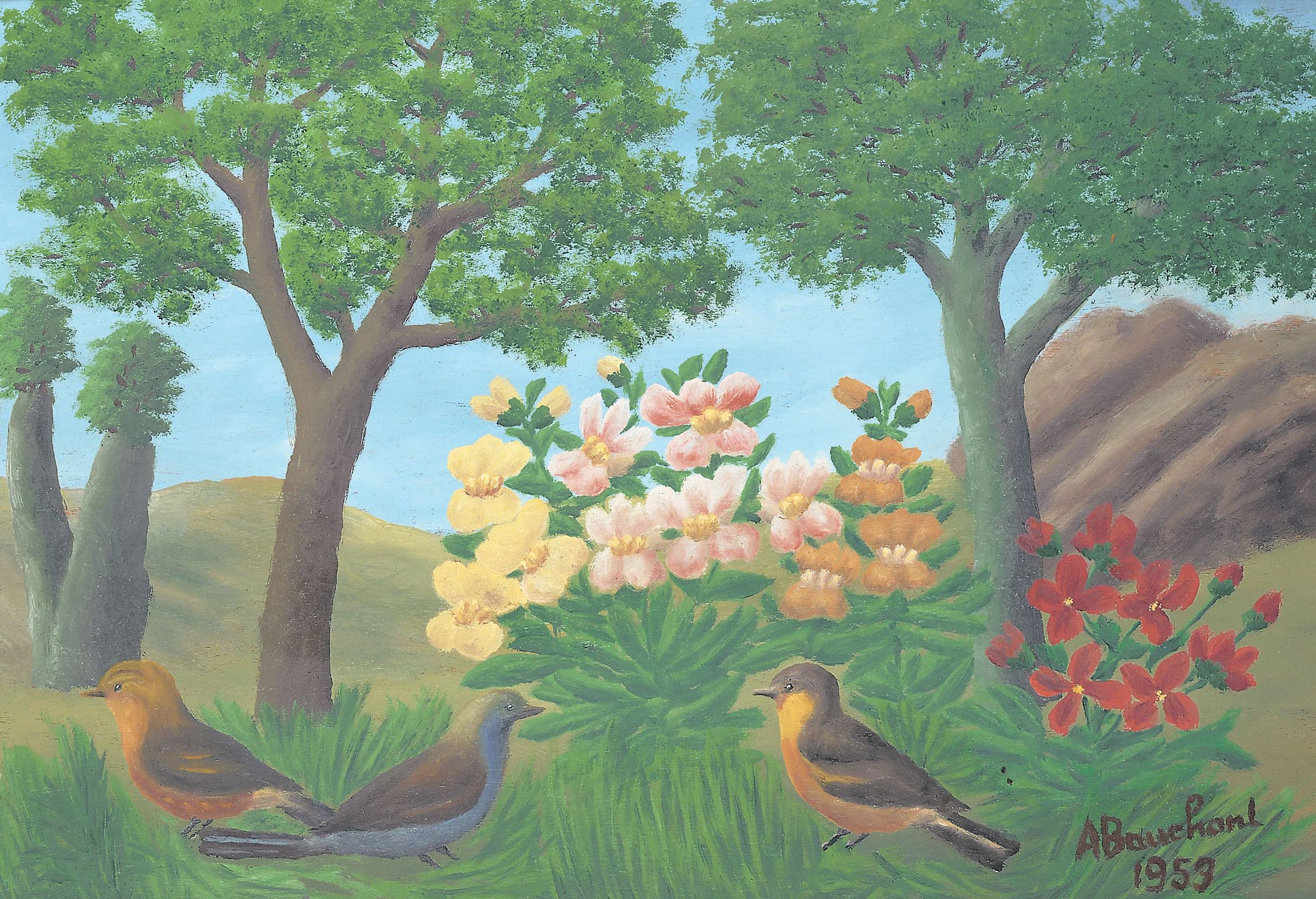 André Bauchant * 1873 in Château-Renault (FRA) † 1958 in Montoire-sur-le-Loir (FRA) Les Oiseaux, 1951 oil on wood 38 x 53 cm (Sammlung Zander | Naive Art)