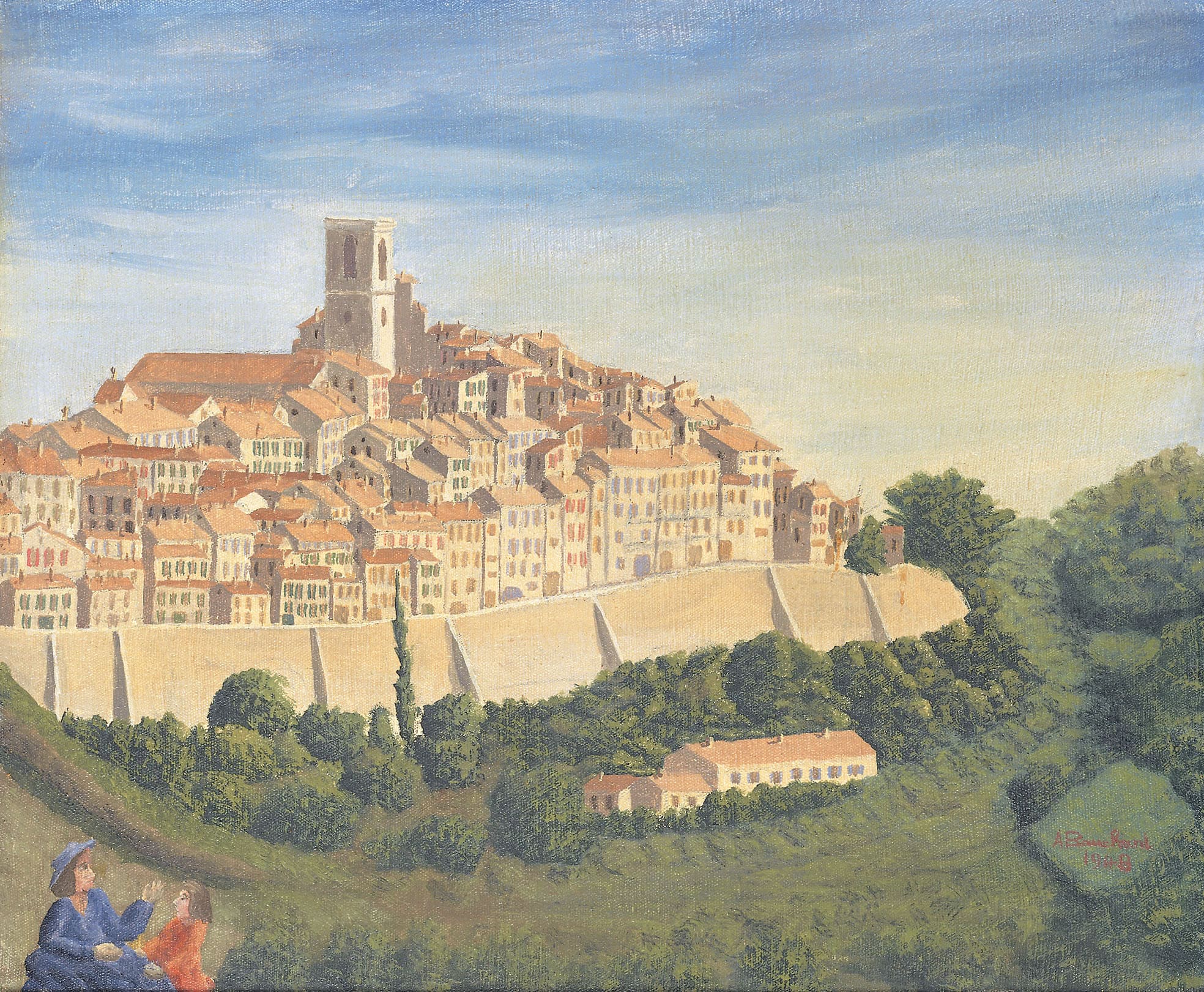 André Bauchant * 1873 in Château-Renault (FRA) † 1958 in Montoire-sur-le-Loir (FRA) Paysage animé à Saint-Paul de Vence, 1948 oil on canvas 38 x 46 cm (Sammlung Zander | Naive Art)