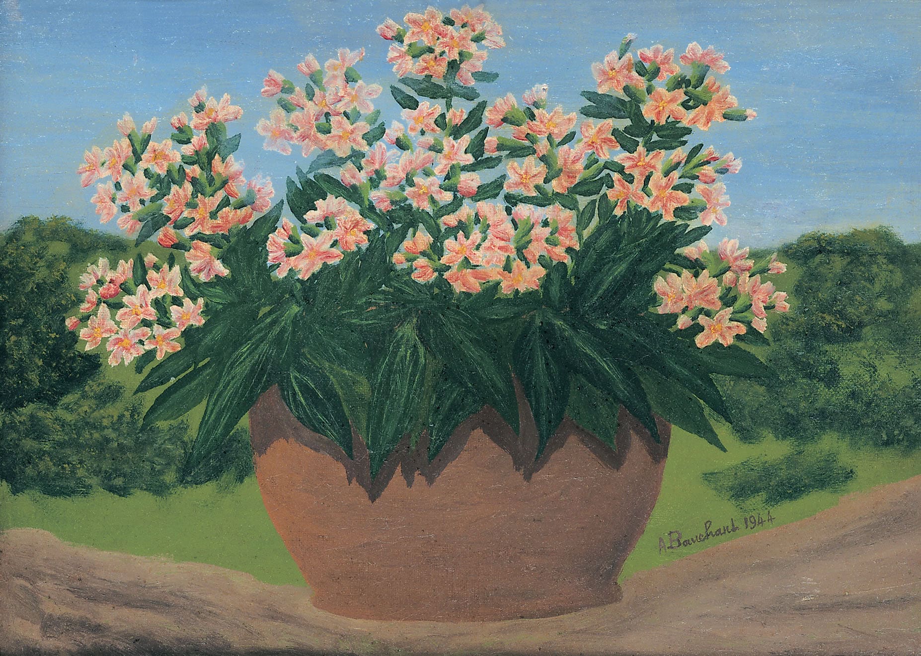 André Bauchant * 1873 in Château-Renault (FRA) † 1958 in Montoire-sur-le-Loir (FRA) Bouquet dans la campagne, 1944 Öl auf Leinwand 24 x 33 cm (Sammlung Zander | Naive Kunst)