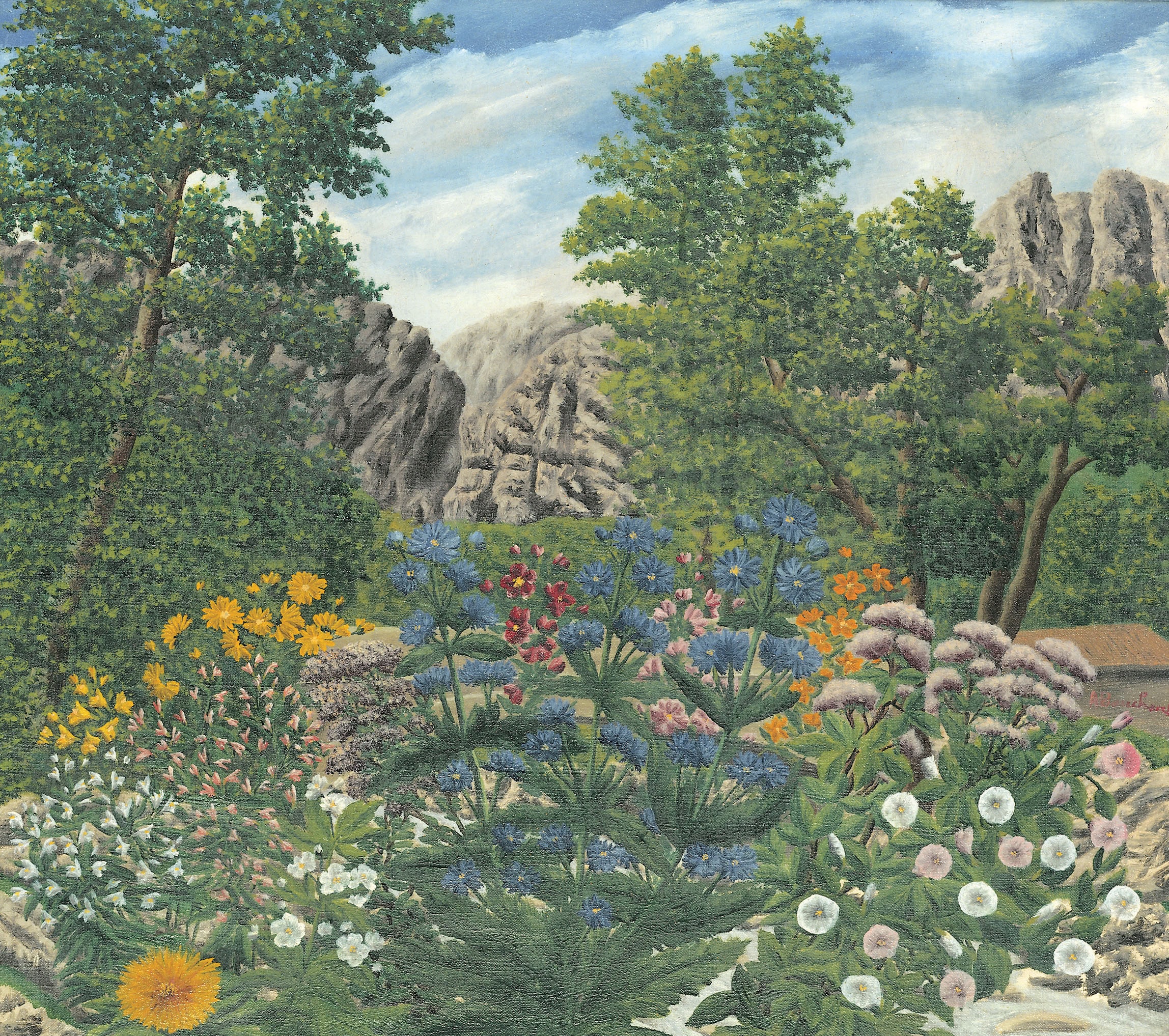 André Bauchant * 1873 in Château-Renault (FRA) † 1958 in Montoire-sur-le-Loir (FRA) Paysage fleuri, o. J. Öl auf Leinwand 57 x 64 cm (Sammlung Zander | Naive Kunst)