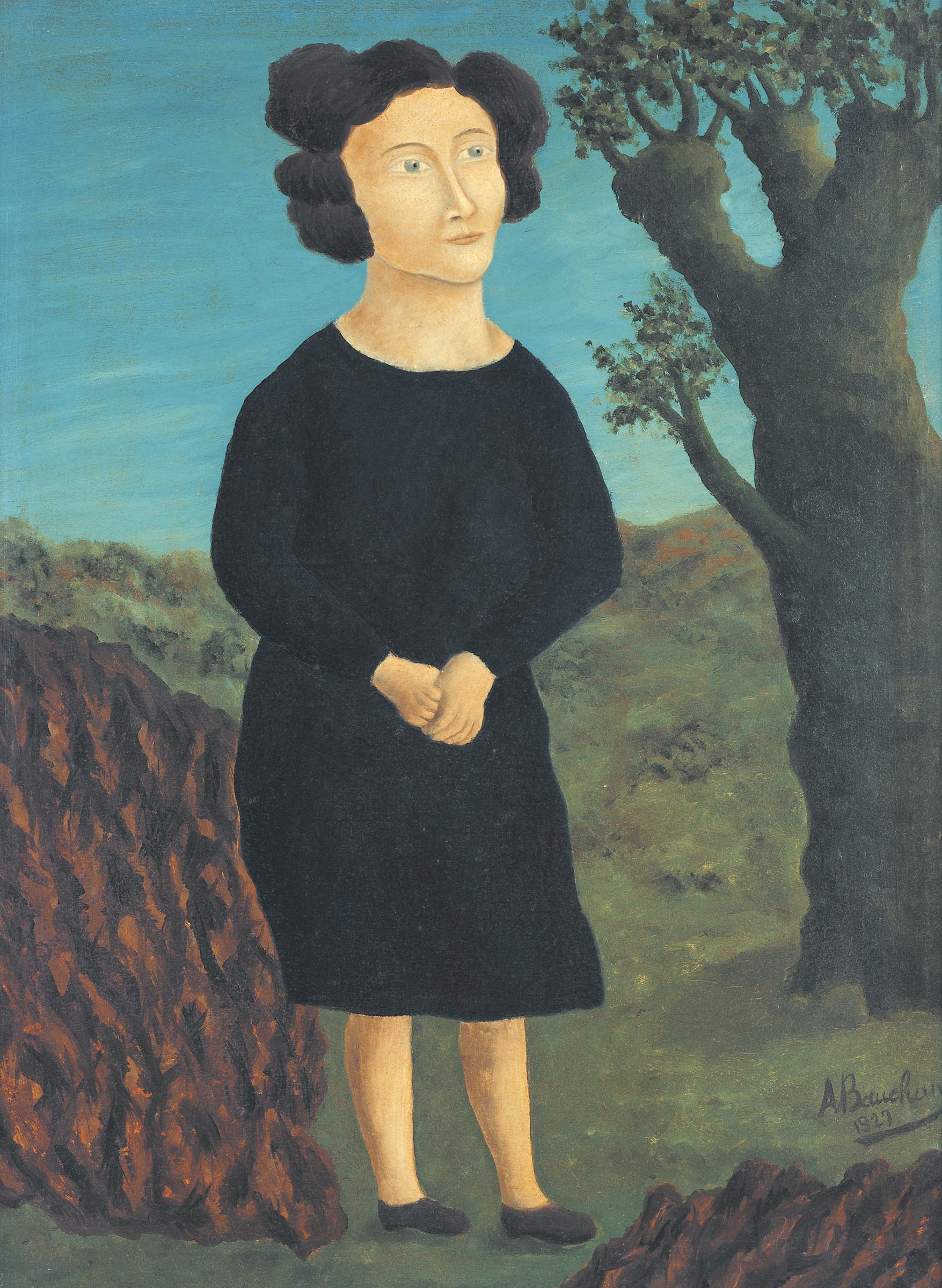 André Bauchant * 1873 in Château-Renault (FRA) † 1958 in Montoire-sur-le-Loir (FRA) Femme dans un paysage, 1927 Öl auf Leinwand 63 x 47 cm (Sammlung Zander | Naive Kunst)