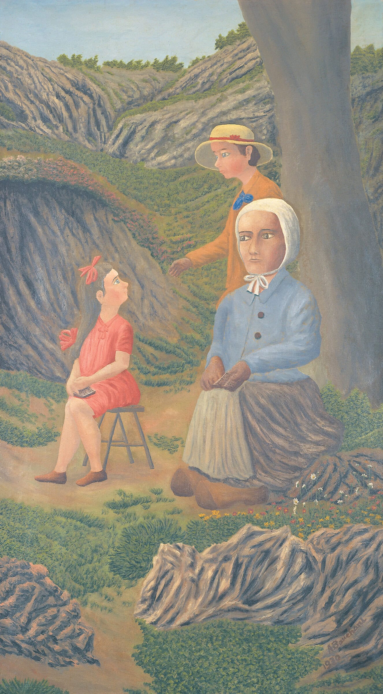 André Bauchant * 1873 in Château-Renault (FRA) † 1958 in Montoire-sur-le-Loir (FRA) La leçon de la petite sœur, 1930 oil on canvas 212 x 118 cm (Sammlung Zander | Naive Art)