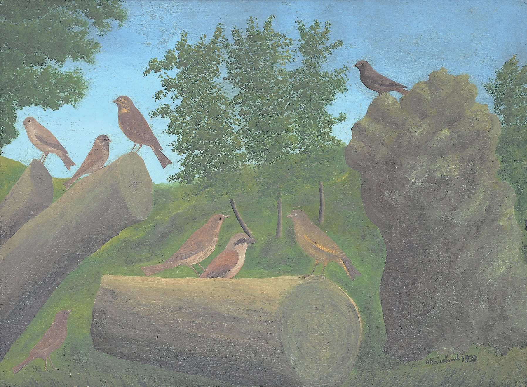 André Bauchant * 1873 in Château-Renault (FRA) † 1958 in Montoire-sur-le-Loir (FRA) Oiseaux dans un paysage, 1930 Öl auf Leinwand 54,5 x 73,5 cm (Sammlung Zander | Naive Kunst)