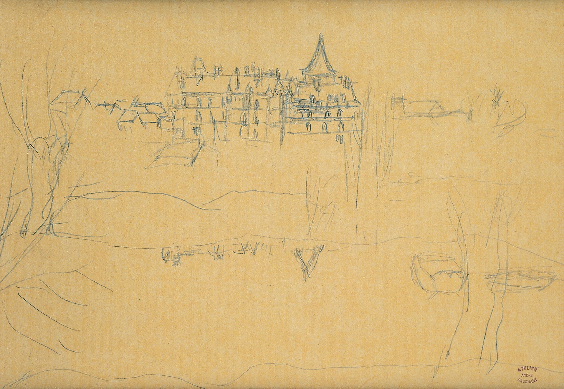 André Bauchant * 1873 in Château-Renault (FRA) † 1958 in Montoire-sur-le-Loir (FRA) Le château, undated pencil on paper 20 x 29 cm (Sammlung Zander | Naive Art)