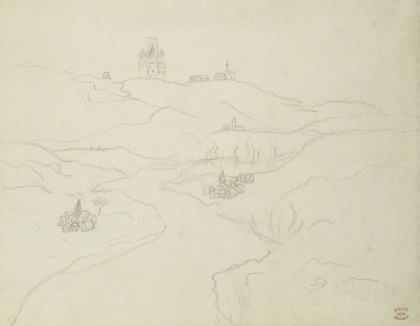 André Bauchant * 1873 in Château-Renault (FRA) † 1958 in Montoire-sur-le-Loir (FRA) Paysage, o. J. Bleistift auf Papier 24 x 30,5 cm (Sammlung Zander | Naive Kunst)