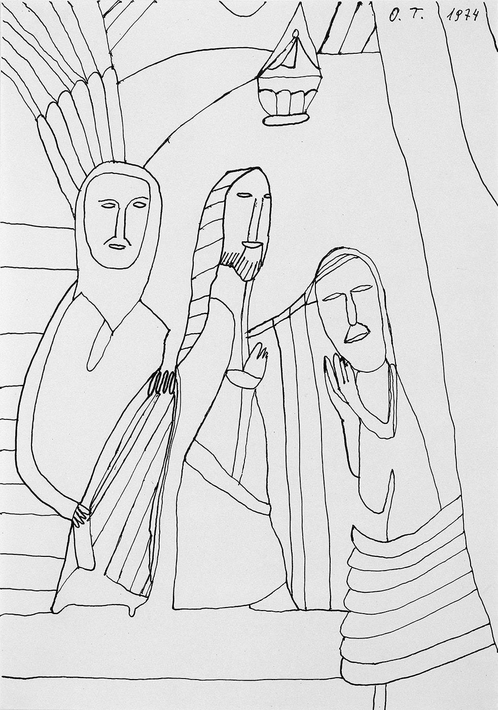 Oswald Tschirtner * 1920 in Wien (AUT) † 2007 in Maria Gugging (AUT) The Holy Three Kings, 1974 Indian ink on cardboard 21 x 14,5 cm (Sammlung Zander | Naive Art)