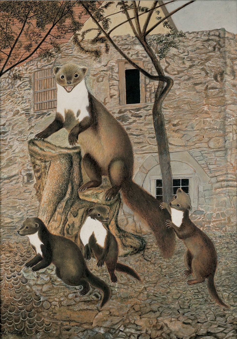 Adolf Dietrich * 1877 – † 1957 in Berlingen (CHE) Marten Family, 1955 Oil on cardboard 79,5 x 56,5 cm (Sammlung Zander | Naive Art)