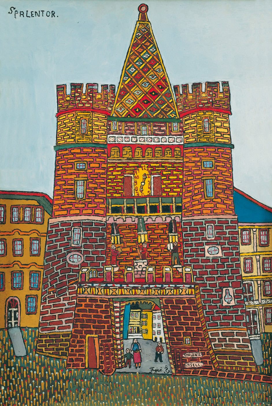 Emerik Feješ * 1904 in Osijek (HRV) † 1969 in Novi Sad (SRB) Spalentor, Basel, 1965 oil on hardboard 68 x 46 cm (Sammlung Zander | Naive Art)