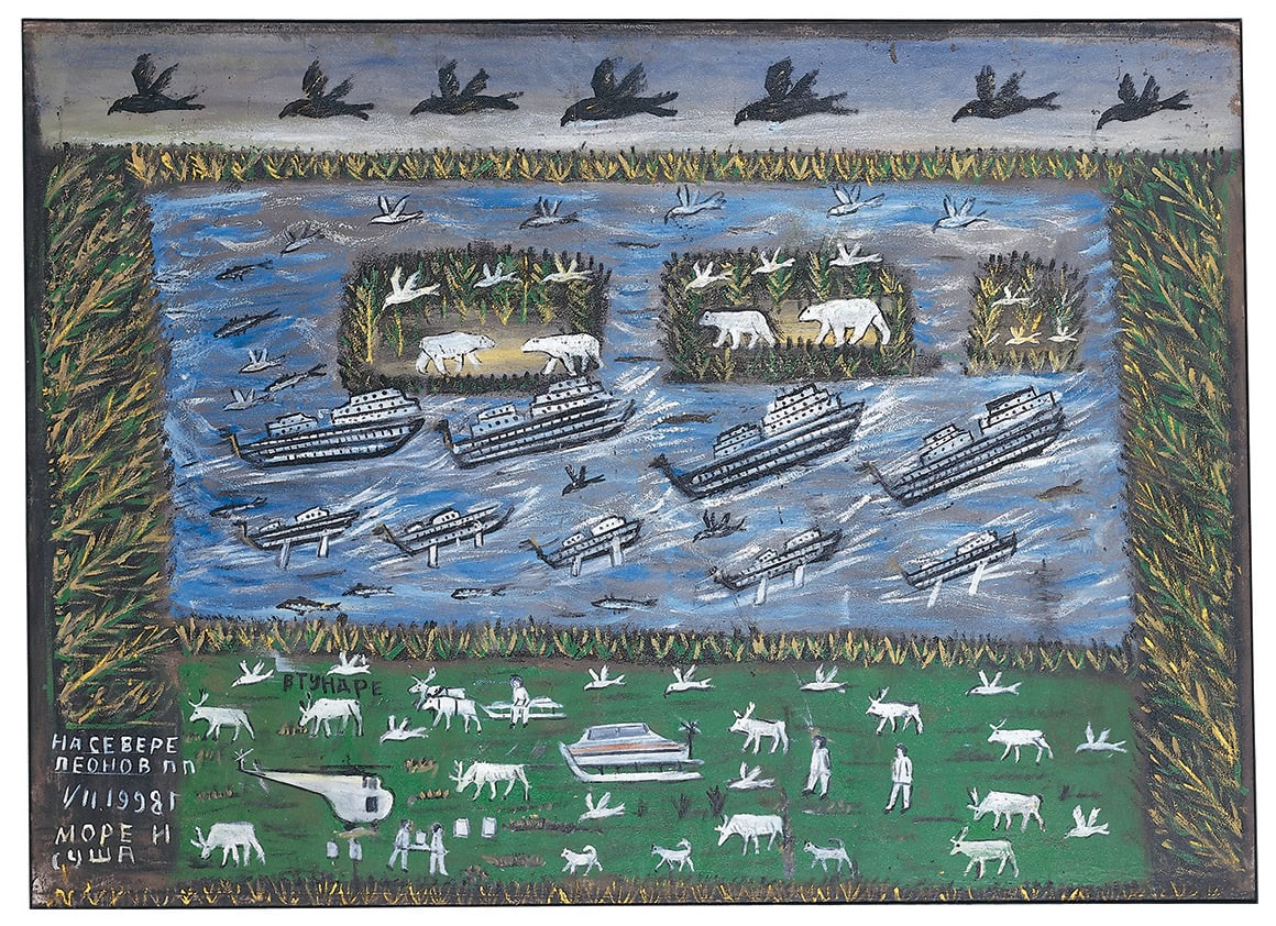 Pawel P. Leonow * 1920 – † 2011 Im Norden, in der Tundra, 1998 Öl auf Sackleinen 118 x 160 cm (Sammlung Zander | Naive Kunst)