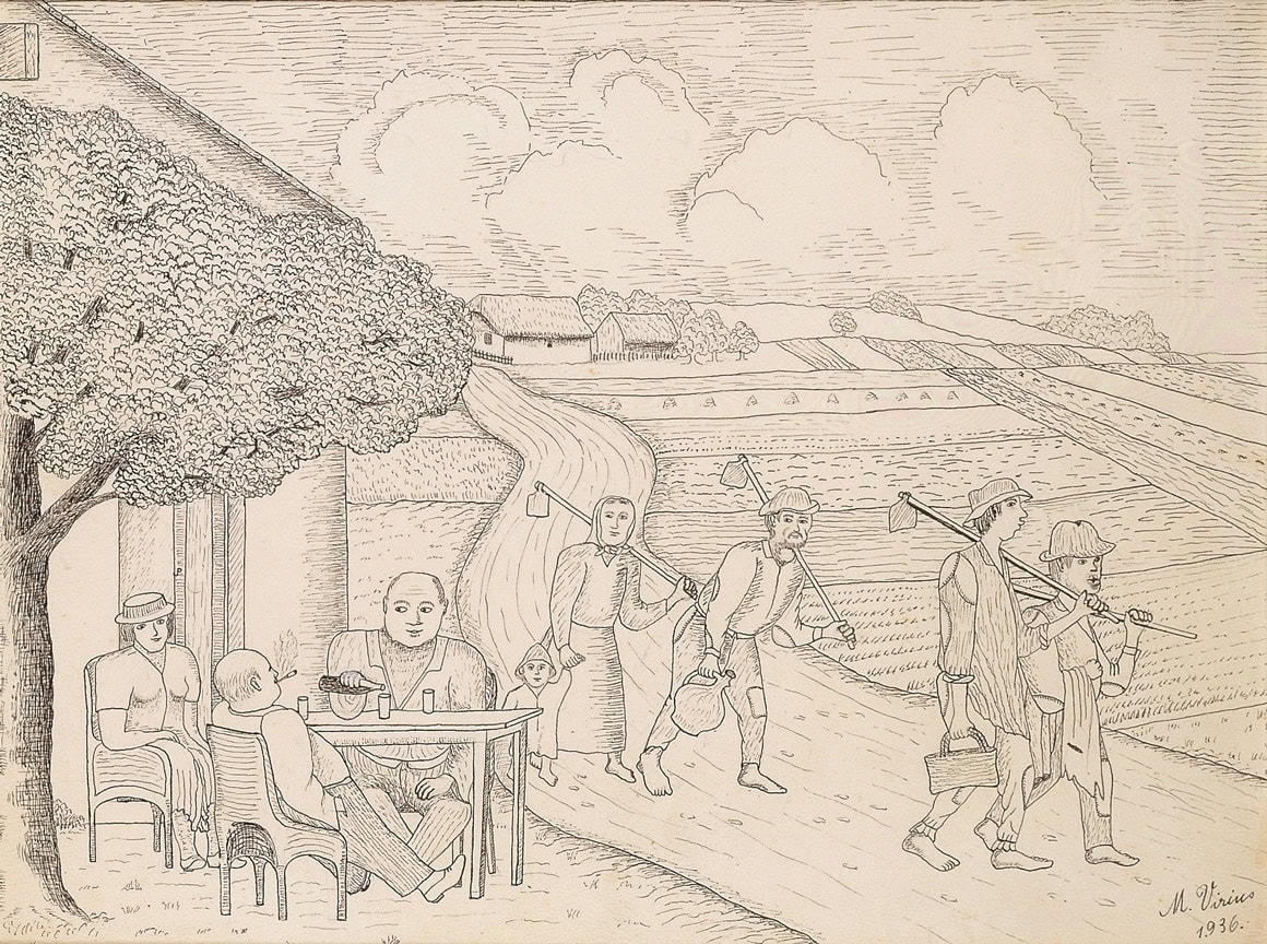 Mirko Virius * 1889 in Đelekovec (HRV) † 1943 in Zemun (SRB) Summerday, 1936 Indian ink on paper 29 x 38 cm (Sammlung Zander | Naive Art)