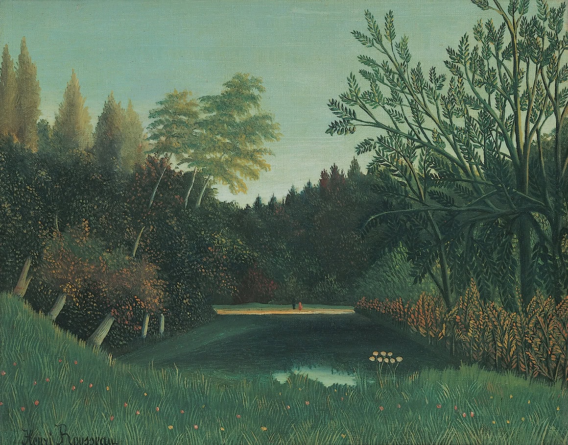 Henri Rousseau * 1844 in Laval (FRA) † 1910 in Paris (FRA) Vue de Bois de Bologne, ca. 1895 Oil on canvas 33 x 41 cm (Sammlung Zander | Naive Art)