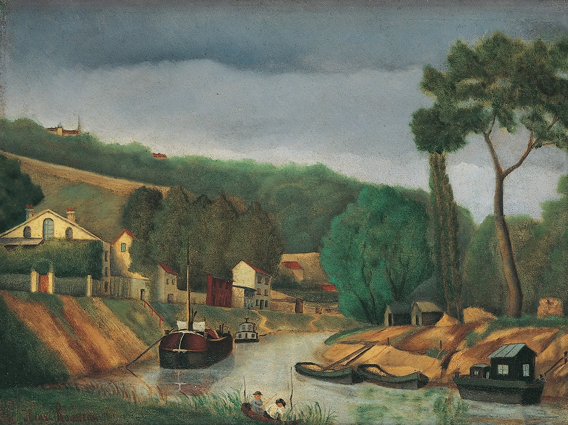 Henri Rousseau * 1844 in Laval (FRA) † 1910 in Paris (FRA) Bord de rivière, 1886 Oil on wood 26 x 34,5 cm (Sammlung Zander | Naive Art)