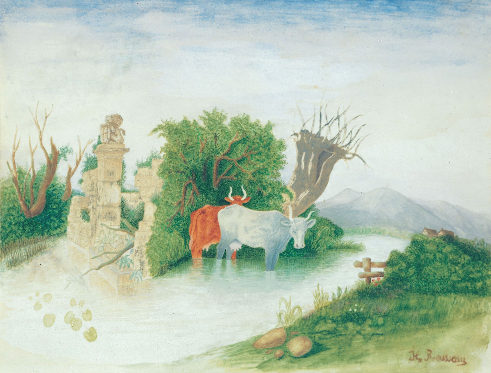 Henri Rousseau * 1844 in Laval (FRA) † 1910 in Paris (FRA) Vaches dans une rivière, undated Watercolor on paper 18 x 24 cm (Sammlung Zander | Naive Art)