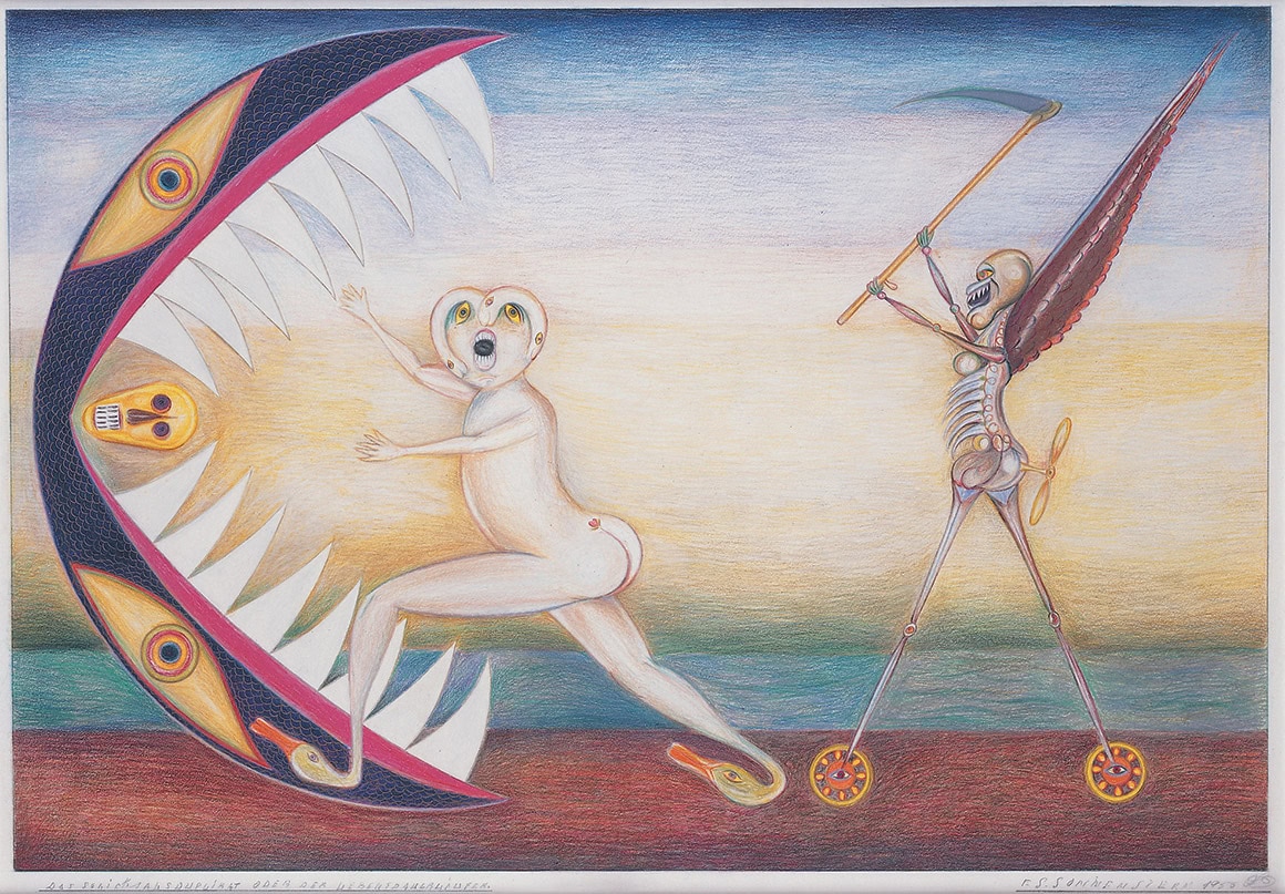 Friedrich Schröder-Sonnenstern * 1892 in Kaukehmen (East Prussia now Yasnoye, RUS) † 1982 in Berlin (DEU) The Fate Duplicate, 1956 Colored pencil on paper 50 x 71 cm (Sammlung Zander | Naive Art)