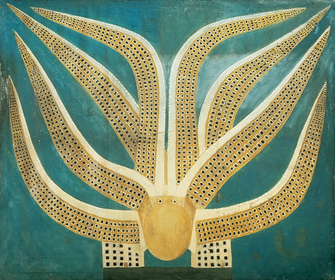 Sava Sekulić * 1902 in Bilišane (HRV) † 1989 in Belgrad (SRB) City Kraken, undated Oil on canvas 165 x 198 cm (Sammlung Zander | Naive Art)