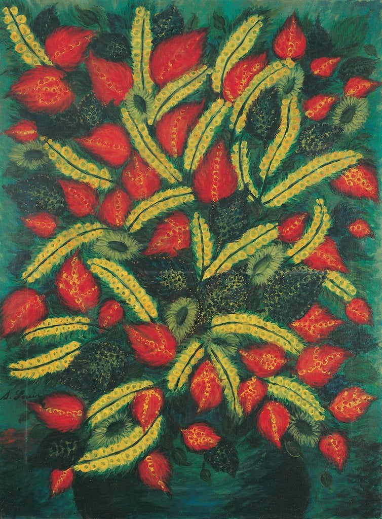 Séraphine Louis * 1864 in Arsy (FRA) † 1942 in Clermont (FRA) Fleurs jaunes et feuilles rouges, o. J. Öl auf Leinwand 120 x 89 cm (Sammlung Zander | Naive Kunst)