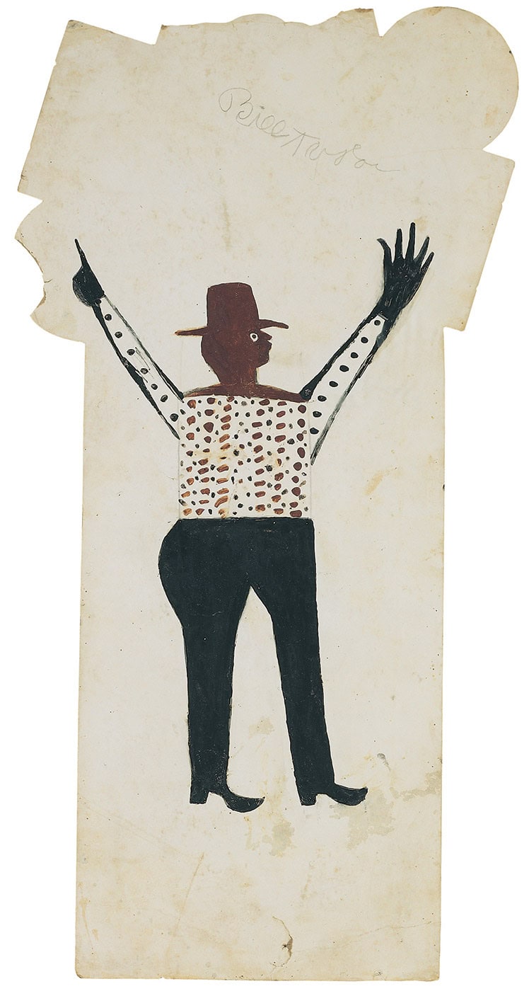 Bill Traylor * ca. 1853 in Benton, Alabama (USA) † 1949 in Montgomery, Alabama (USA) Man with raised arms, ca. 1939/42 Posterpaint on cardboard 25,5 x 12,5 cm (Sammlung Zander | Naive Art)