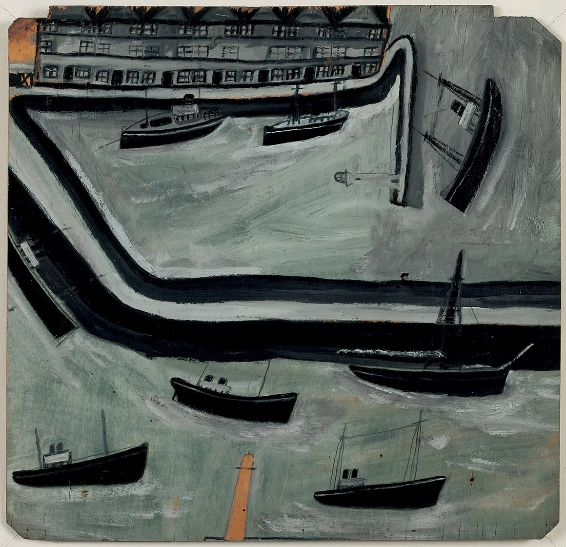 Alfred Wallis * 1855 in Devonport (GRB) † 1942 in Penzance (GRB) Harbour, undated Oil, pencil on wood 46 x 46 cm (Sammlung Zander | Naive Art)