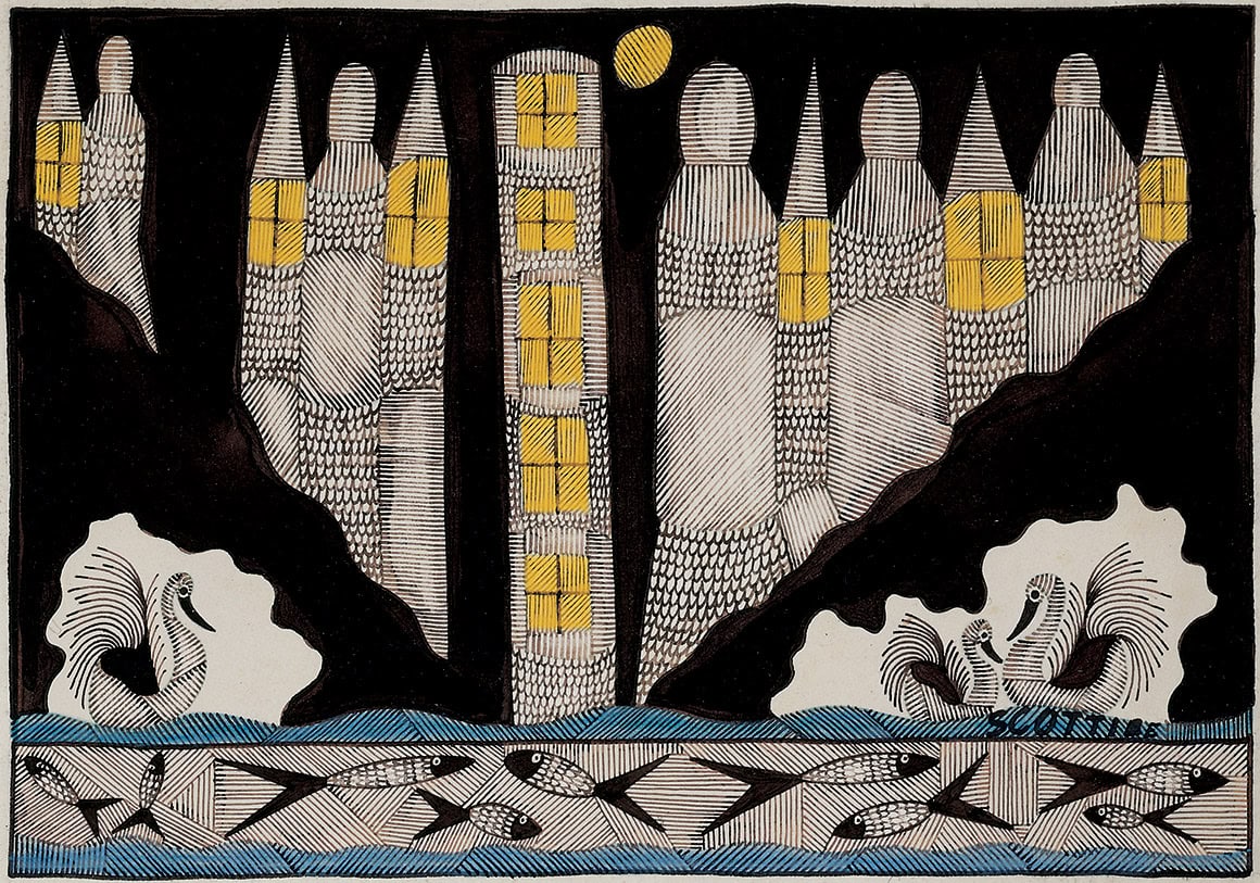 Scottie Wilson * 1891 in Glasgow (GRB) † 1972 in London (GRB) Castle with swans, 1970 Indian ink, coloured pencil on cardboard 19 x 26,5 cm (Sammlung Zander | Naive Art)