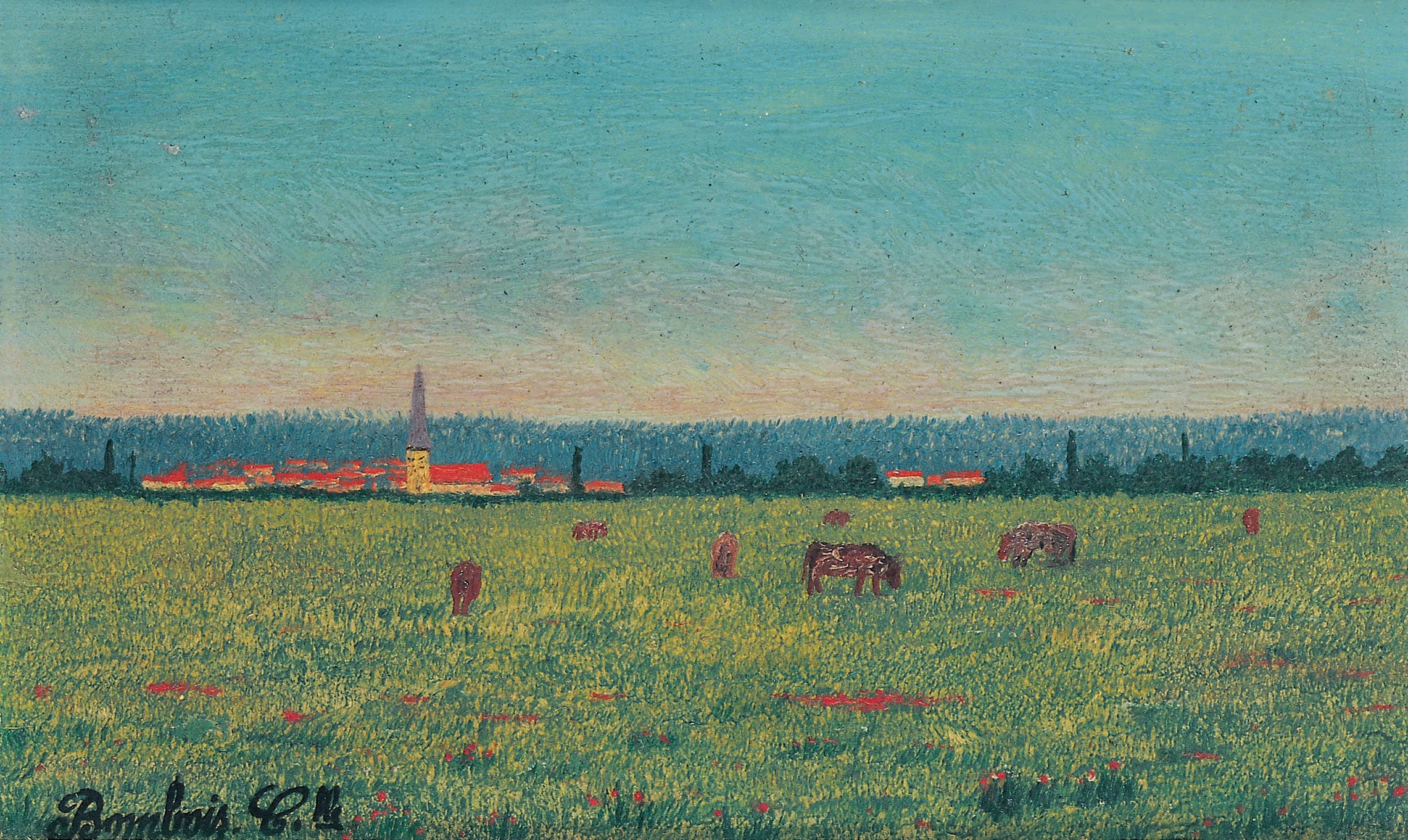 Camille Bombois * 1883 in Venarey-les-Laumes (FRA) † 1970 in Paris (FRA) Vaches au pâturage, undated oil on masonite 8.5 x 14.5 cm (Sammlung Zander | Naive Art)