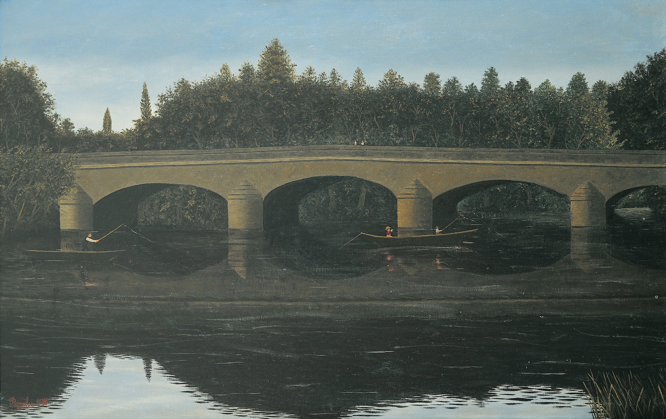 Camille Bombois * 1883 in Venarey-les-Laumes (FRA) † 1970 in Paris (FRA) Pont avec pêcheurs, undated oil on canvas 66 x 101 cm (Sammlung Zander | Naive Art)