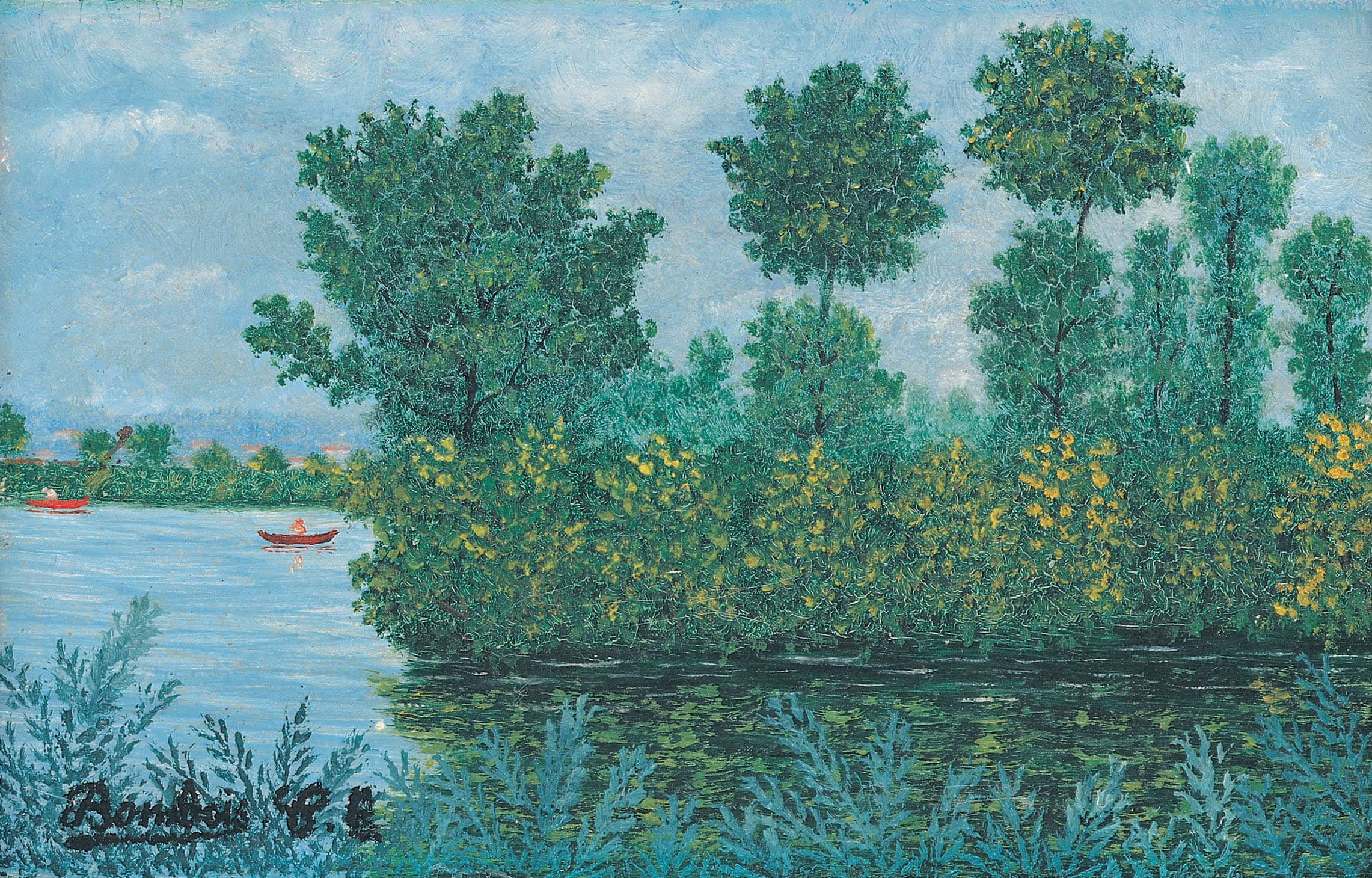 Camille Bombois * 1883 in Venarey-les-Laumes (FRA) † 1970 in Paris (FRA) L’Île, undated oil on wood 9 x 14 cm (Sammlung Zander | Naive Art)