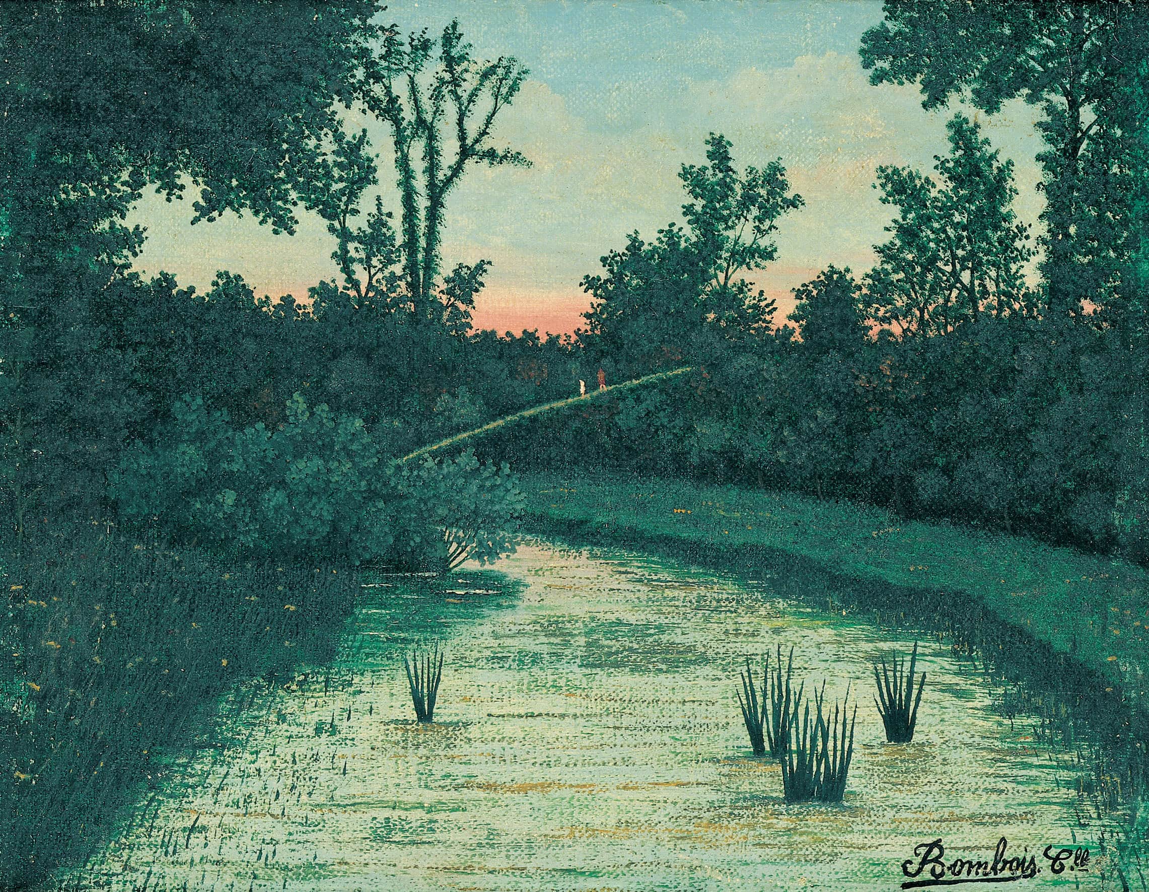 Camille Bombois * 1883 in Venarey-les-Laumes (FRA) † 1970 in Paris (FRA) Rivière au coucher de soleil, undated oil on canvas 19 x 24.5 cm (Sammlung Zander | Naive Art)