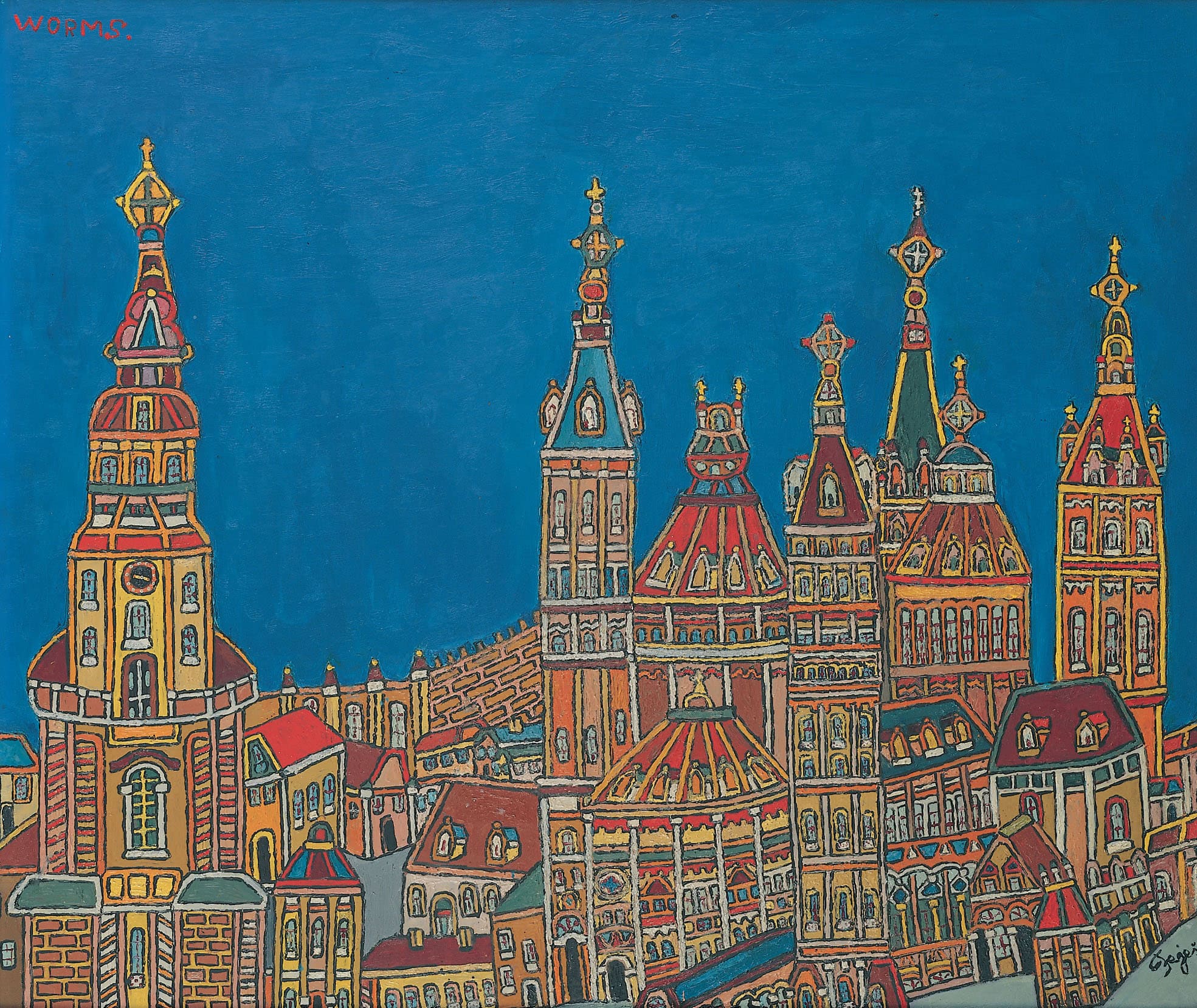 Emerik Feješ * 1904 in Osijek (HRV) † 1969 in Novi Sad (SRB) Worms, 1963 oil on hardboard 54 x 63.5 cm (Sammlung Zander | Naive Art)