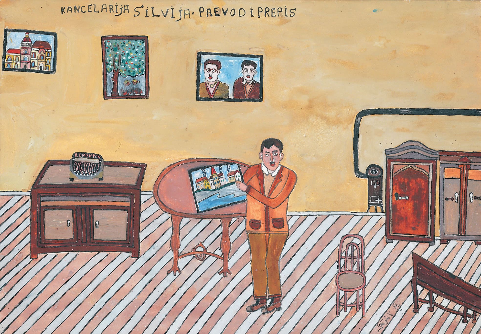 Emerik Feješ * 1904 in Osijek (HRV) † 1969 in Novi Sad (SRB) Selbstportrait mit Schreibmaschine in Silvijas Büro, ca.1955/60 gouache on paper 42.5 x 60.5 cm (Sammlung Zander | Naive Art)